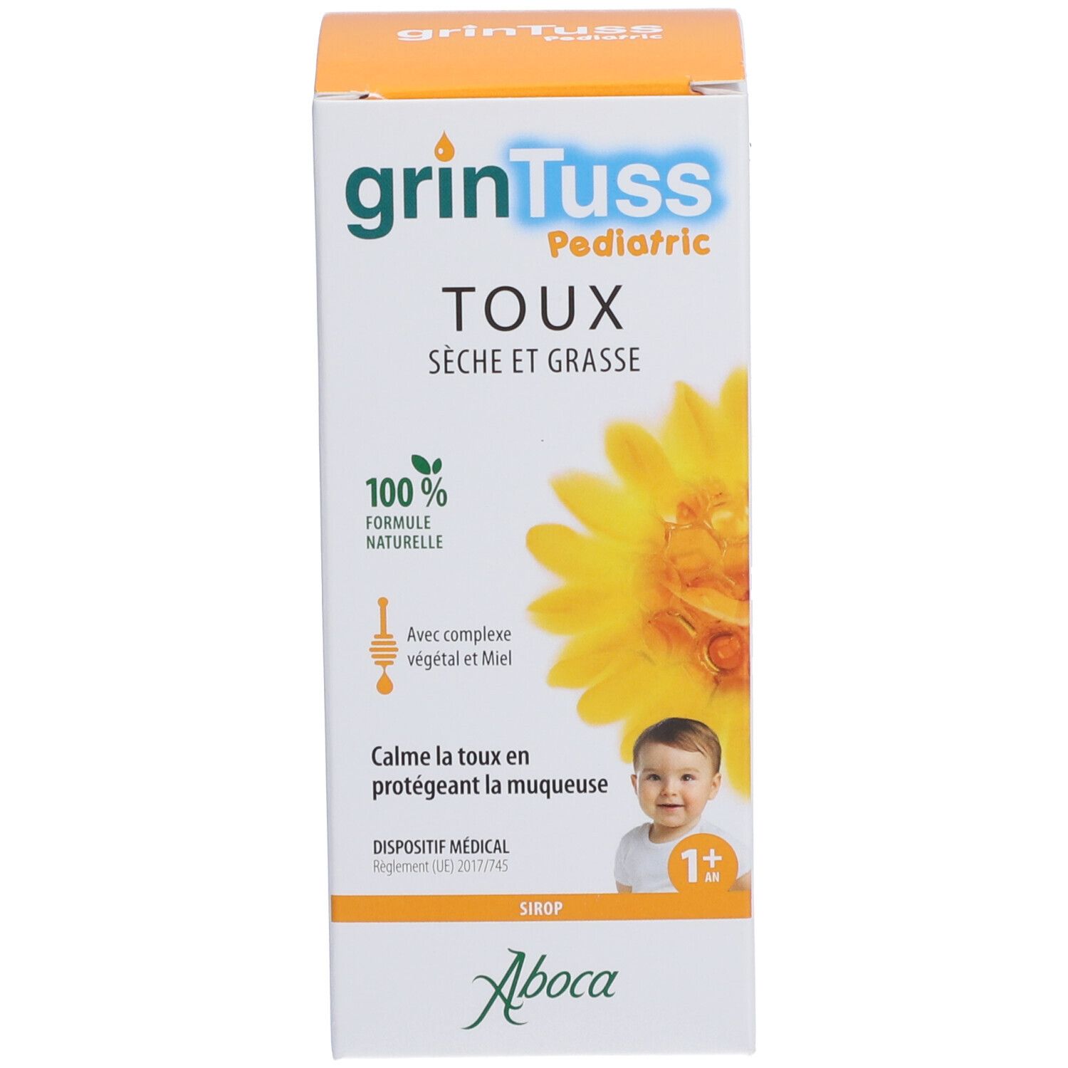 Gele productverpakking. Productnaam, ingrediënten en een kind afgebeeld. Medisch hulpmiddel.