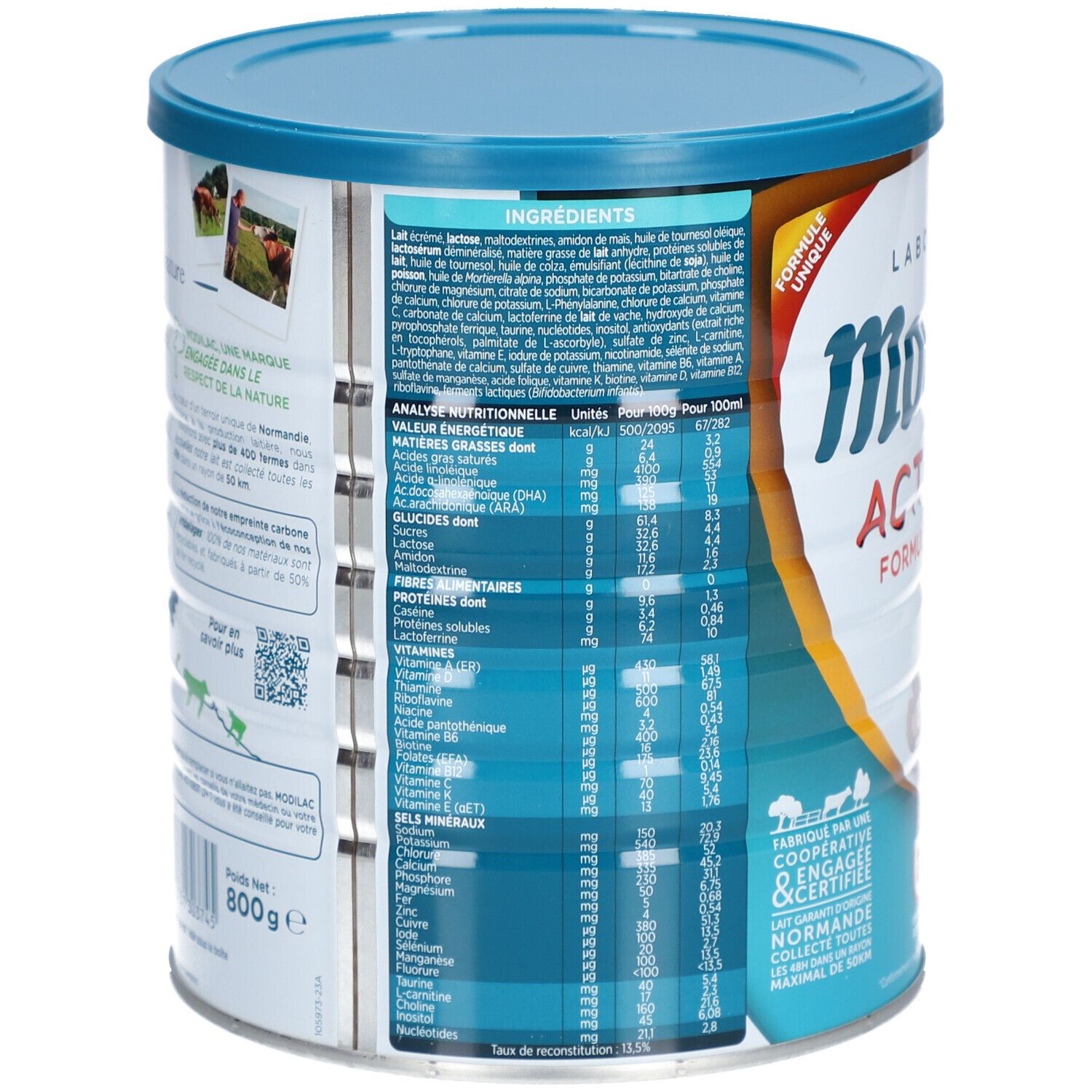 Dos de la boîte de lait pour bébé. Liste des ingrédients, tableau nutritionnel. Marque Modilac Actigest. 800g. Emballage bleu.