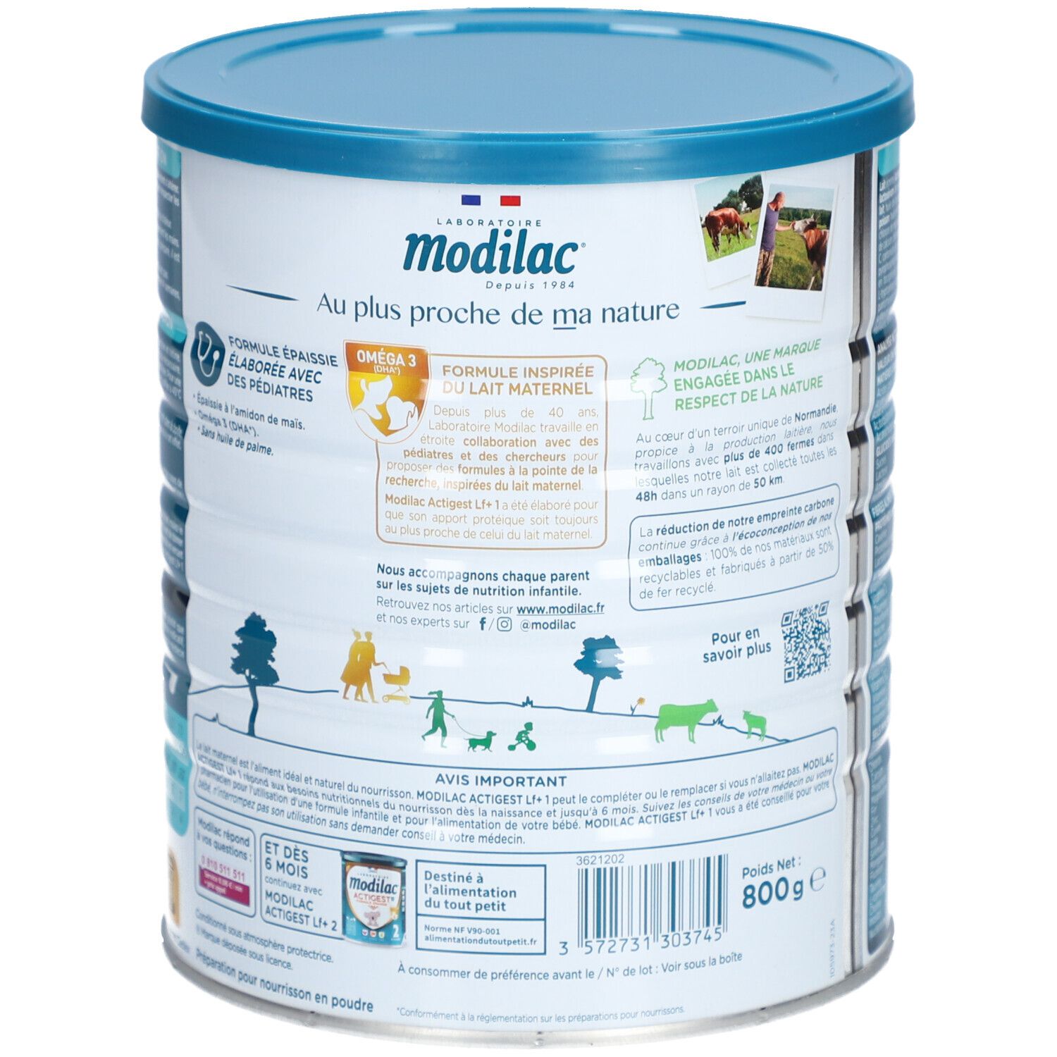 Dos de la boîte de lait pour bébé. Informations sur la marque Modilac. 800g. Emballage bleu et blanc. Texte: 'Au plus proche de ma nature'.