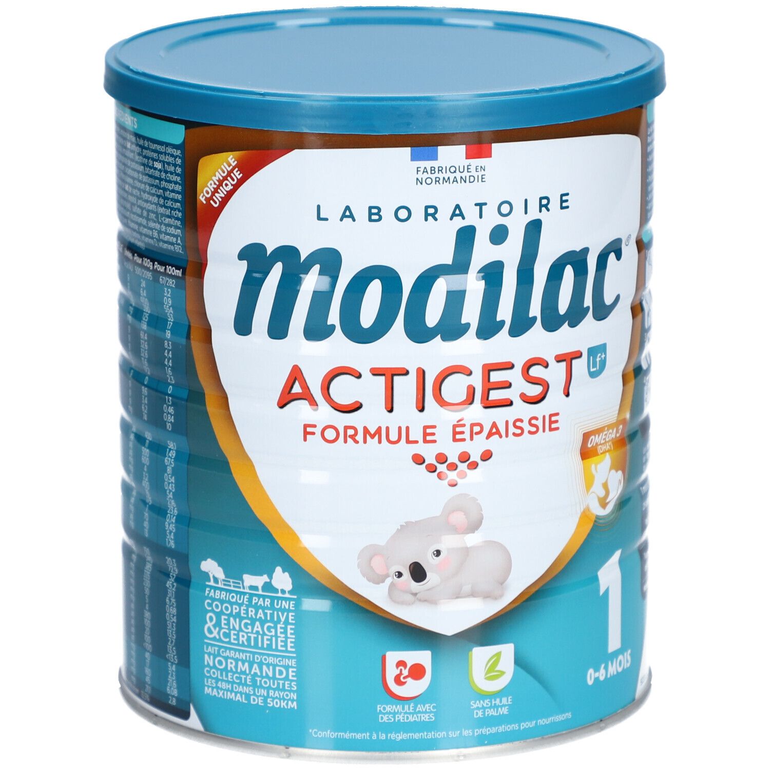 Boîte de lait pour bébé Modilac Actigest, Formule Epaissie. Illustration koala. 0-6 mois. Emballage bleu et blanc. Numéro 1.