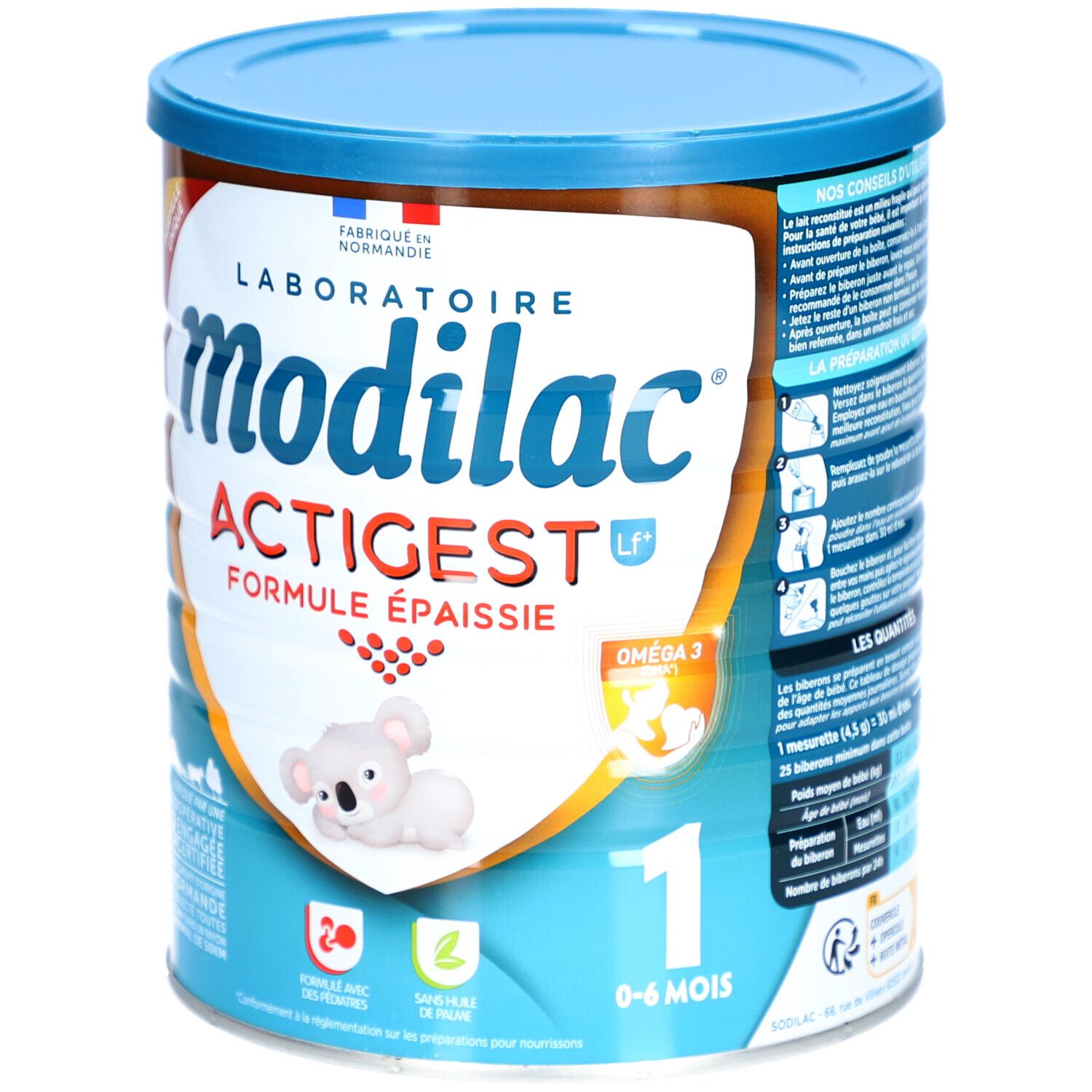 Boîte de lait pour bébé Modilac Actigest, Formule Epaissie. Illustration koala. 0-6 mois. Emballage bleu et blanc. Numéro 1.