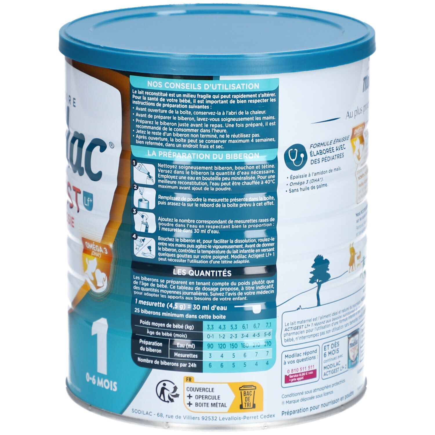 Dos de la boîte de lait pour bébé. Instructions d'utilisation, tableau de dosage. Marque Modilac Actigest. 0-6 mois. Emballage bleu.