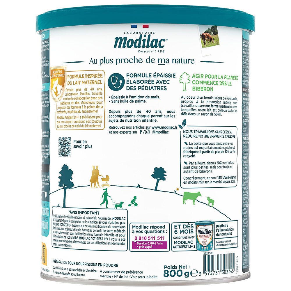 Arrière de la boîte de lait infantile Modilac Actigest LF avec informations sur la fabrication et la durabilité.