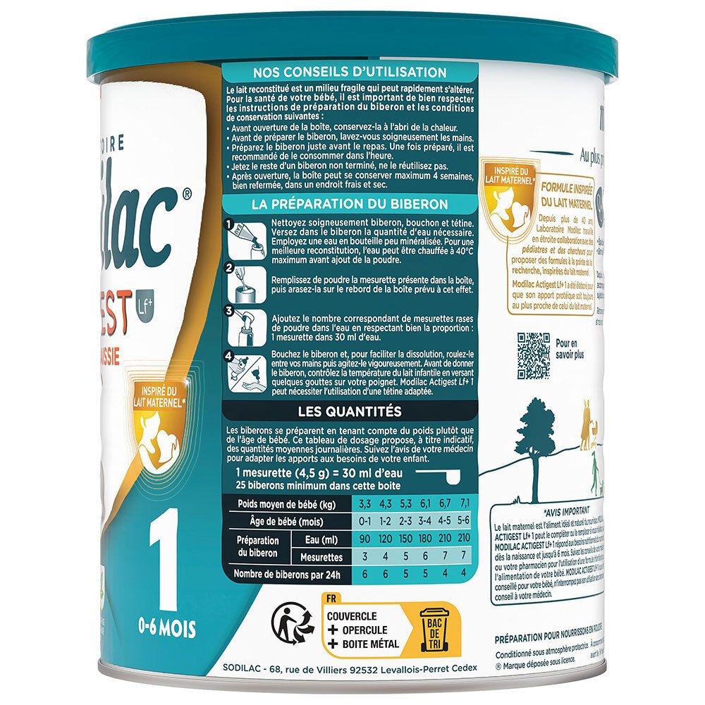 Arrière de la boîte de lait infantile Modilac Actigest LF avec instructions de préparation et tableau des quantités.
