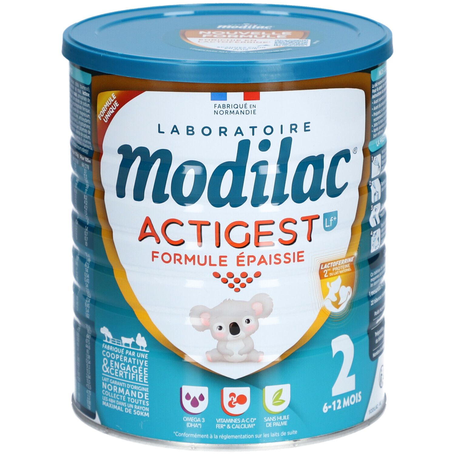 Modilac Actigest LF+ 2-blik. Blauw blik met productnaam, koala-illustratie en leeftijdsindicatie 6-12 maanden. Verdikte formule.