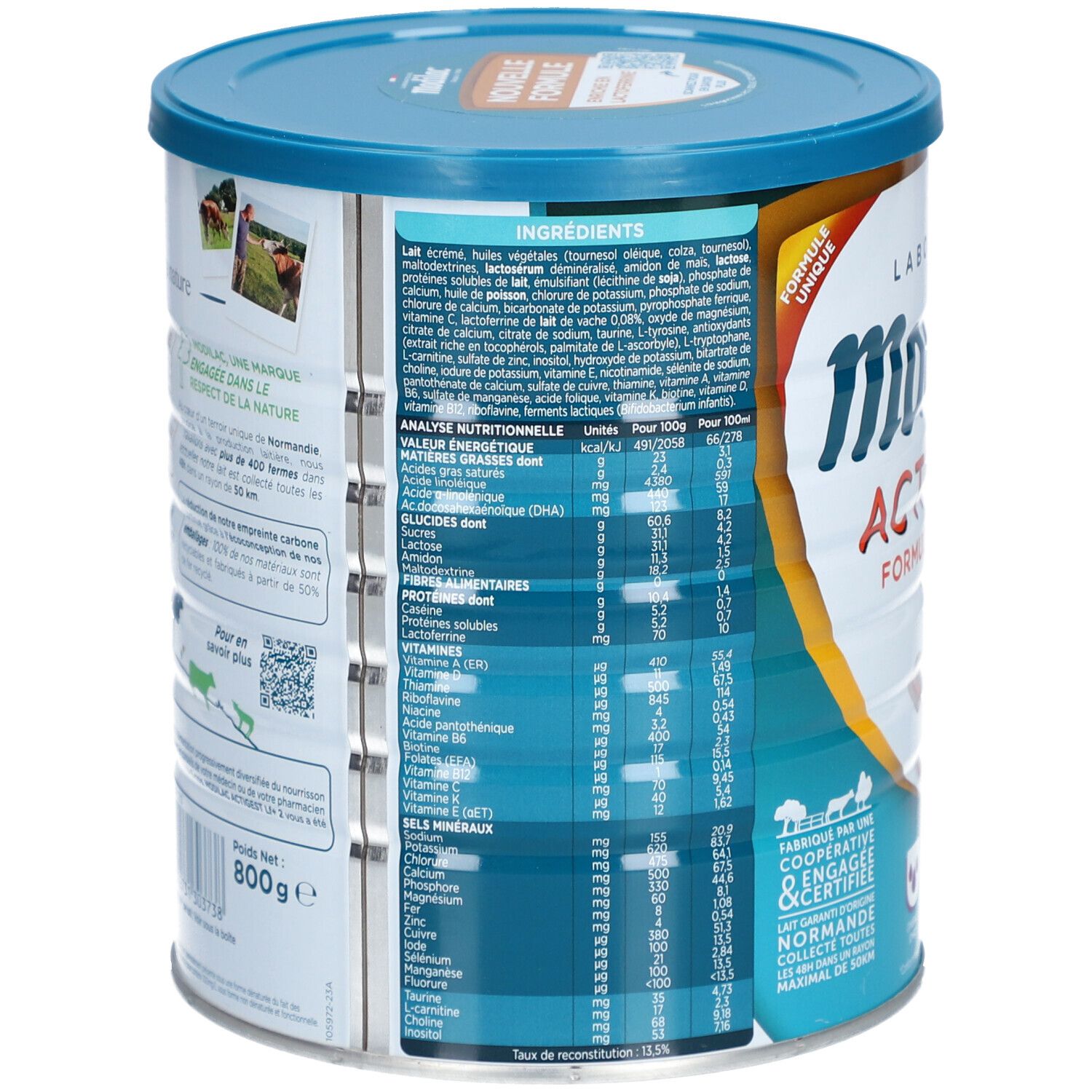 Achterkant van het Modilac Actigest LF+ 2-blik. Bevat ingrediëntenlijst en voedingswaarde-informatie. Blauwe en witte kleuren.