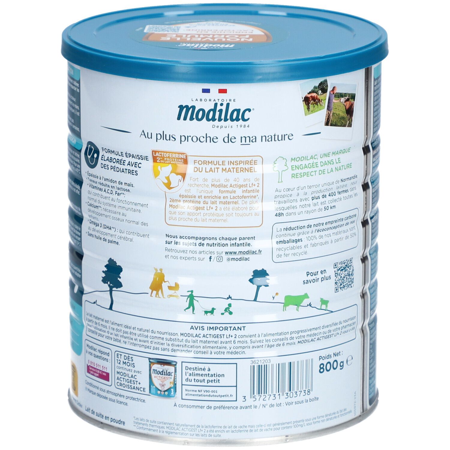 Achterkant van het Modilac Actigest LF+ 2-blik. Tekst over de herkomst en ingrediënten. Blauwe en witte kleuren.