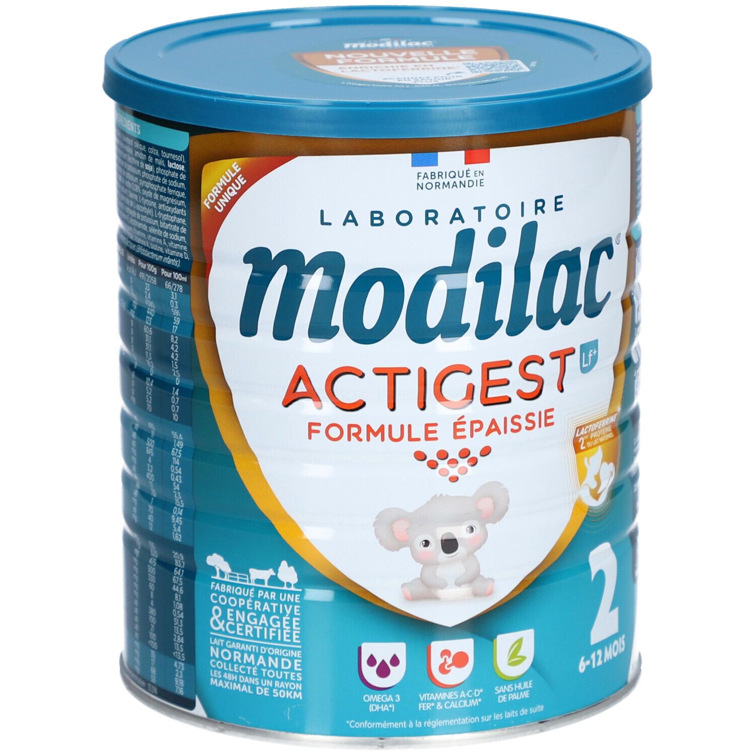 Modilac Actigest LF+ 2-blik. Blauw blik met productnaam, koala-illustratie en leeftijdsindicatie 6-12 maanden. Verdikte formule.