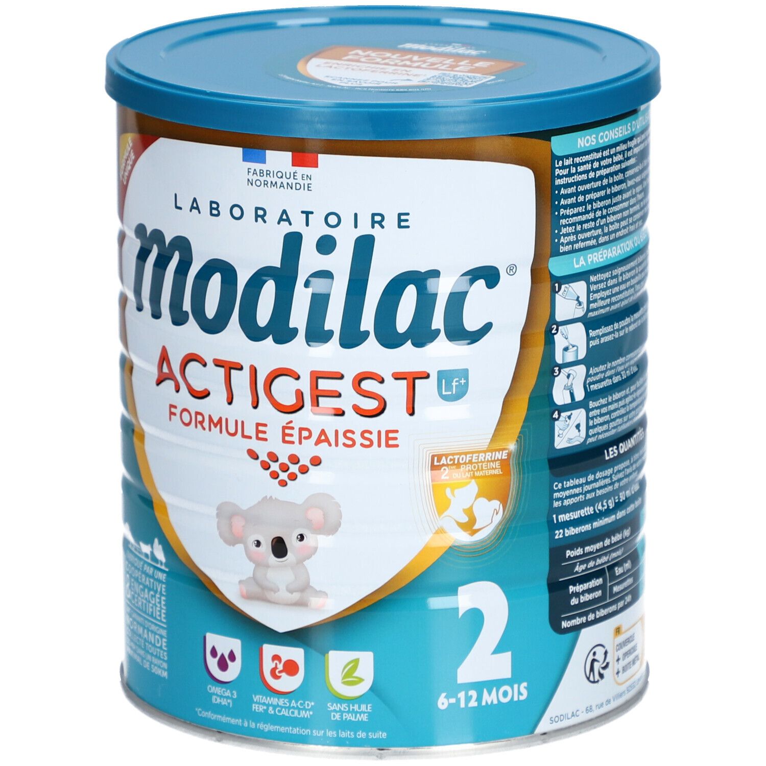 Modilac Actigest LF+ 2-blik. Blauw blik met productnaam, koala-illustratie en leeftijdsindicatie 6-12 maanden. Verdikte formule.