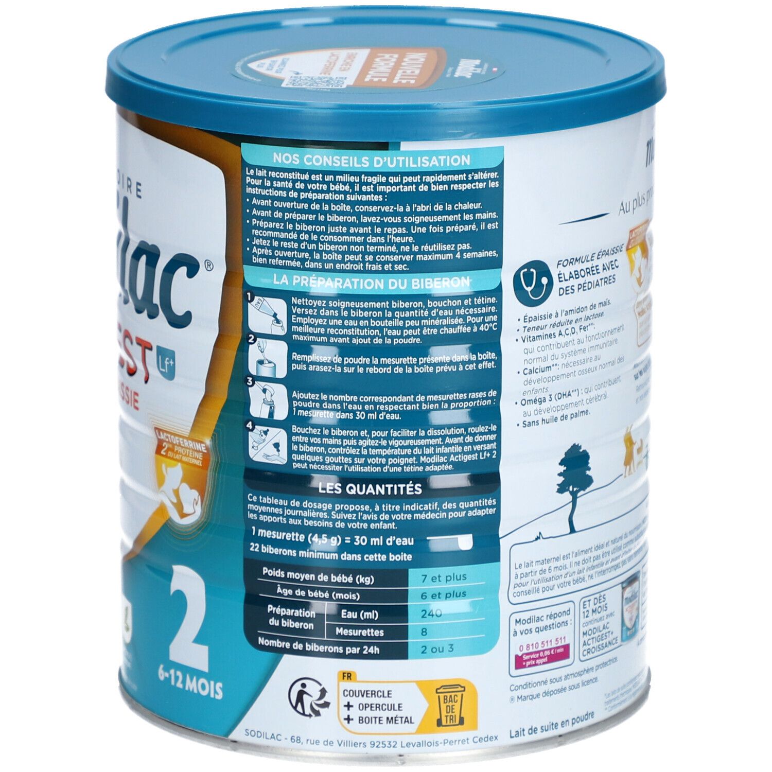 Achterkant van het Modilac Actigest LF+ 2-blik. Gebruiksaanwijzing en doseertabellen. Blauwe en witte kleuren.