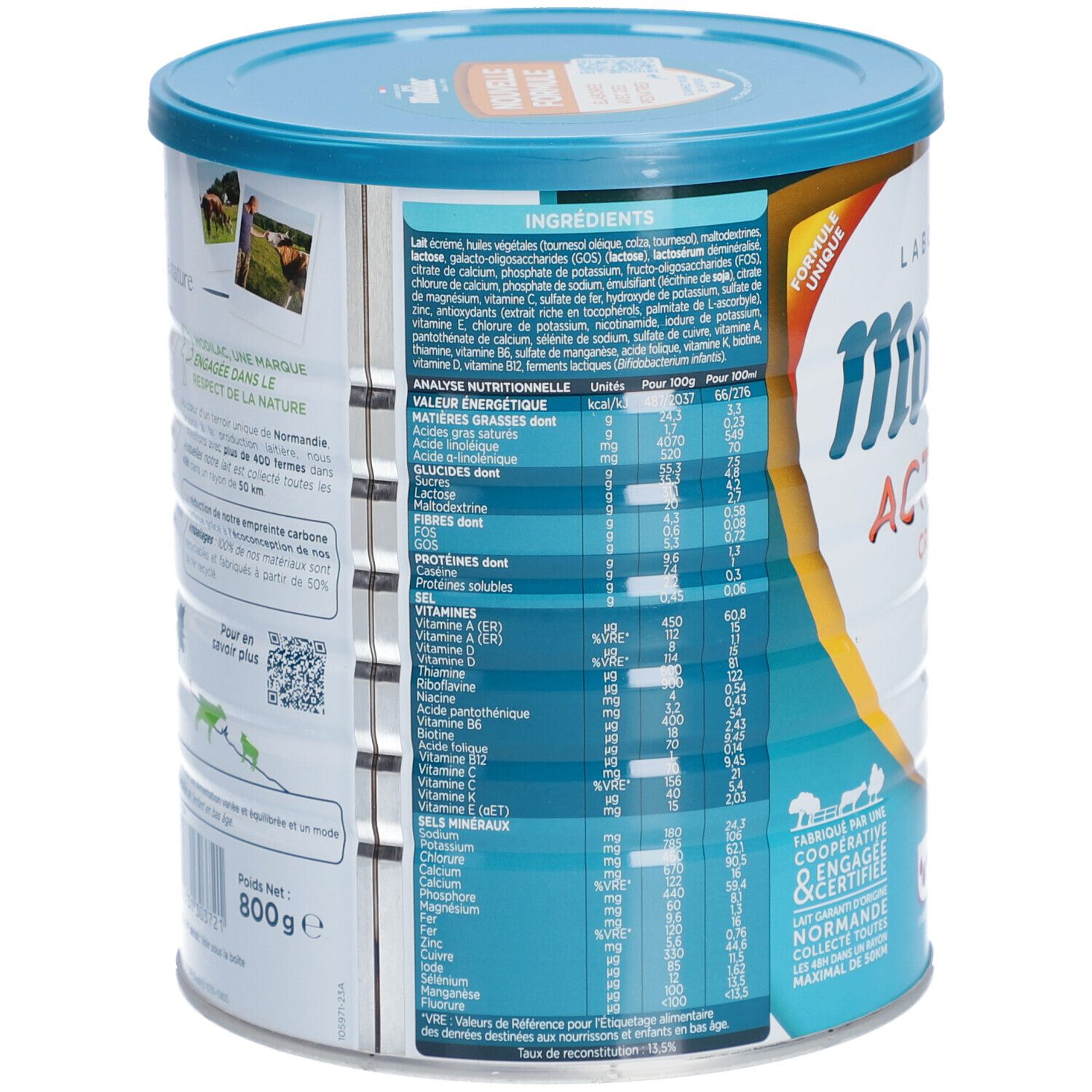 Achterkant van de Modilac Actigest+ Croissance 3-blik. Ingrediëntenlijst, voedingswaarde. Franse tekst. Gewicht: 800g.