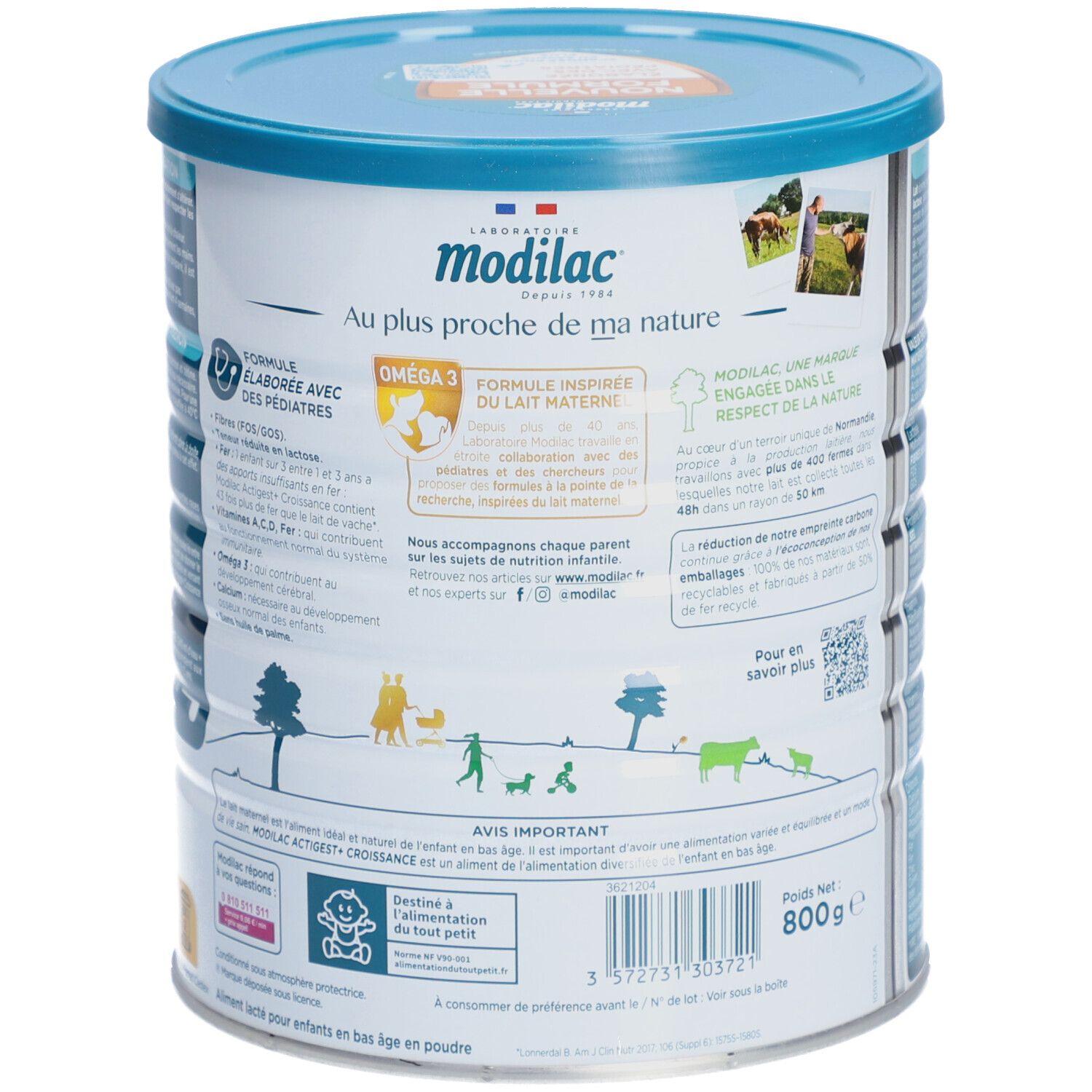 Achterkant van de Modilac Actigest+ Croissance 3-blik. Tekst over de herkomst van het product. Gewicht: 800g. QR-code.