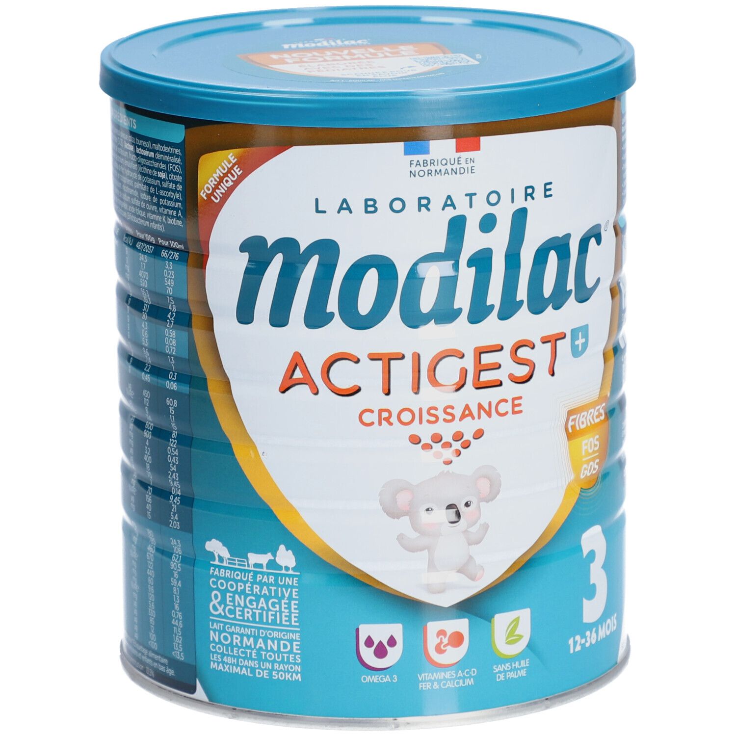 Modilac Actigest+ Croissance 3 melkpoeder. Blik met blauw deksel. Opschrift: Actigest, Croissance, 12-36 maanden. Afbeelding van een koala.