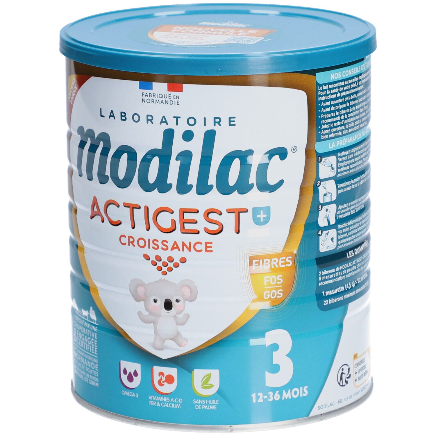 Modilac Actigest+ Croissance 3 melkpoeder. Blik met blauw deksel. Opschrift: Actigest, Croissance, 12-36 maanden. Afbeelding van een koala.