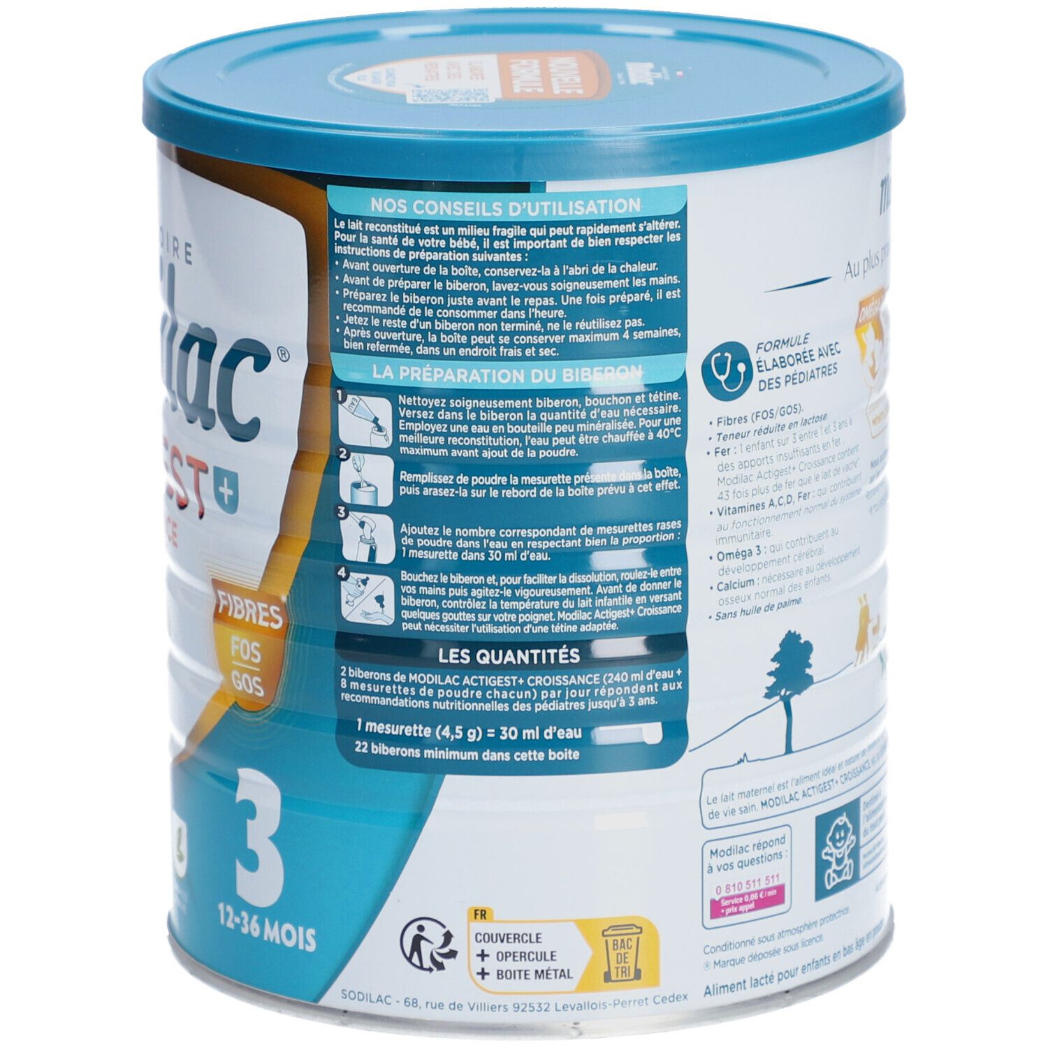 Achterkant van de Modilac Actigest+ Croissance 3-blik. Gebruiksaanwijzing, bereidingsinstructies. Franse tekst. Gewicht: 800g.