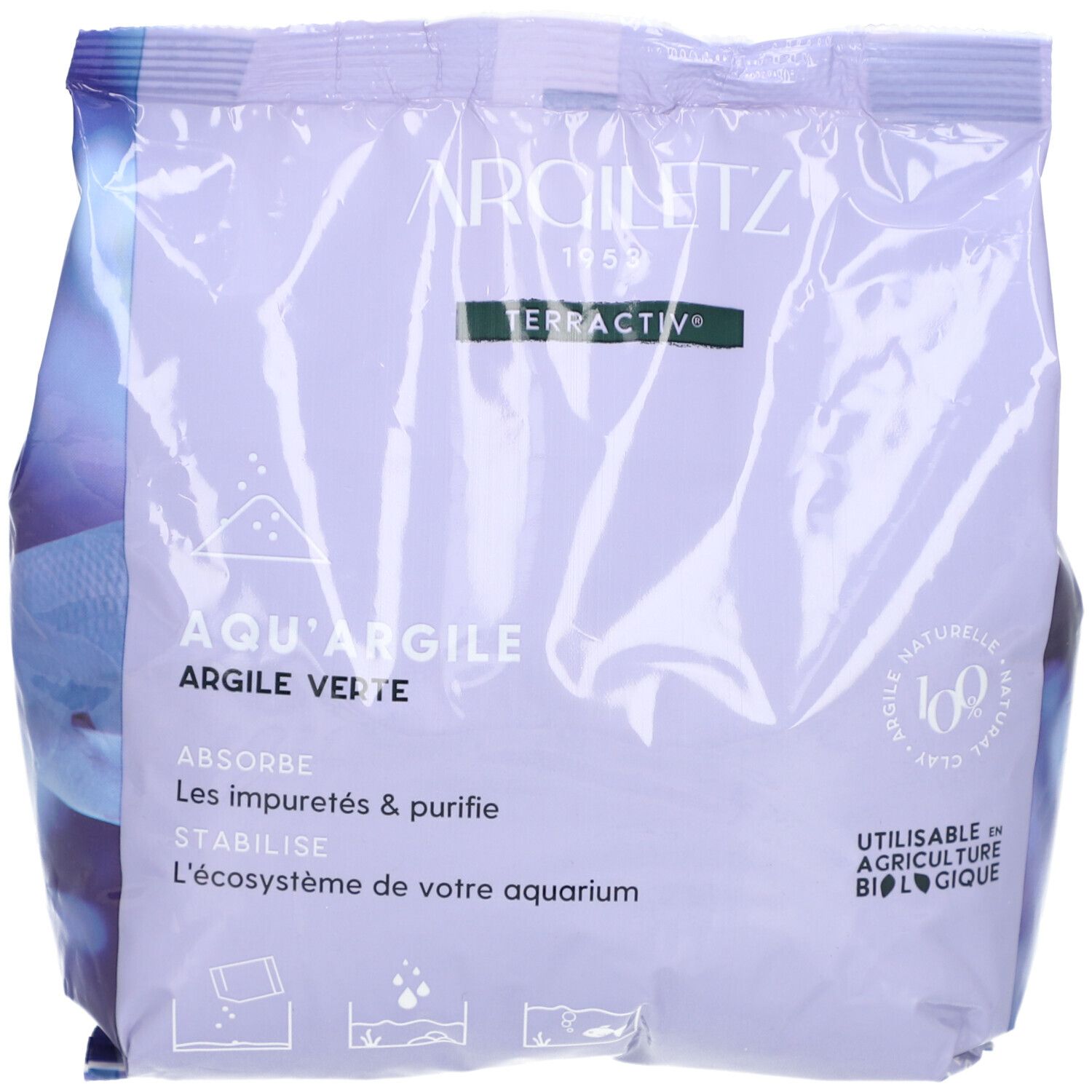Verpakking Argiletz Aqu'argile. Tekst: Aqu'argile Argile verte, absorbeert en stabiliseert. Bio-label.