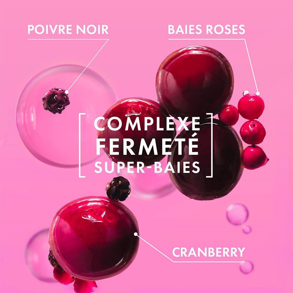 Illustration des ingrédients: poivre noir, baies roses, cranberry. Texte: Complexe Fermeté Super-Baies. Fond rose.