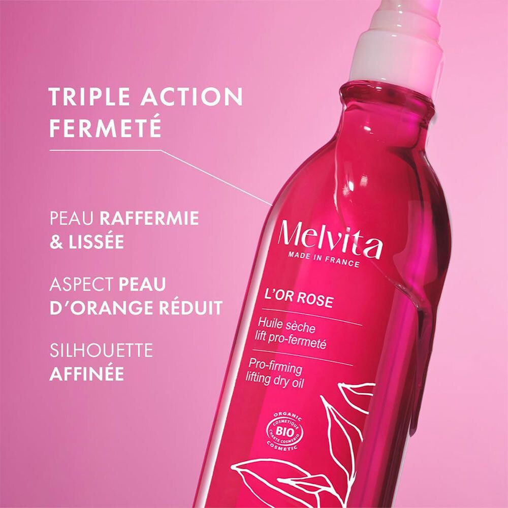 Flacon rouge avec texte: Triple Action Fermeté, Peau raffermie & lissée, Aspect peau d'orange réduit, Silhouette affinée. Melvita L'Or Rose.
