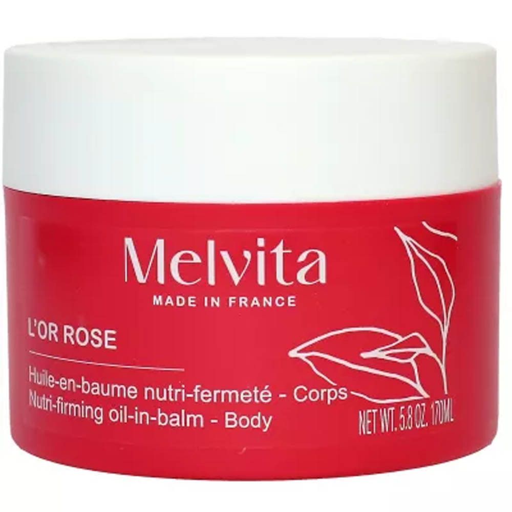 Melvita L'Or Rose lichaamsbalsem in rode pot met wit deksel.