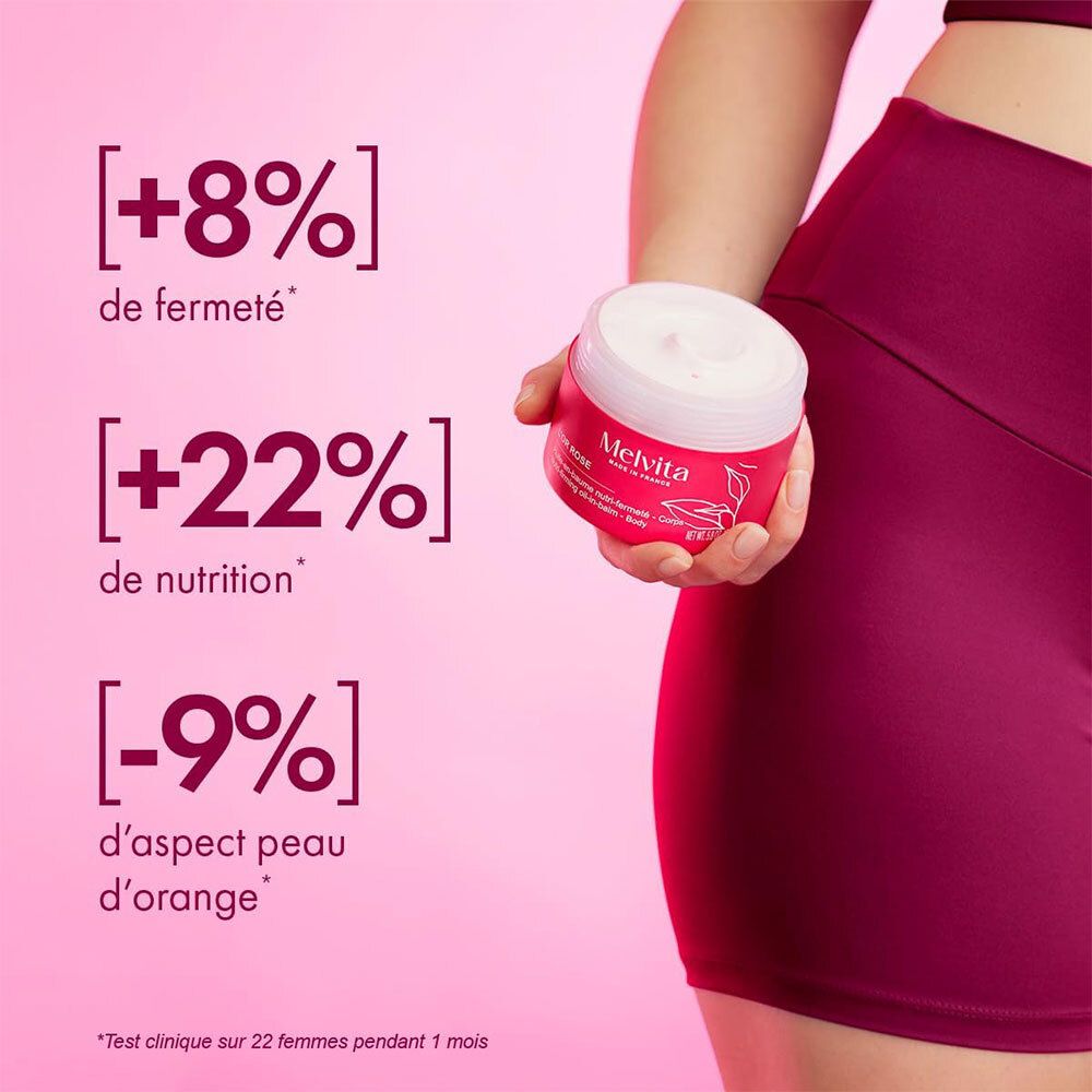 Vrouw houdt Melvita L'Or Rose lichaamsbalsem vast, toont resultaten zoals +8% stevigheid.