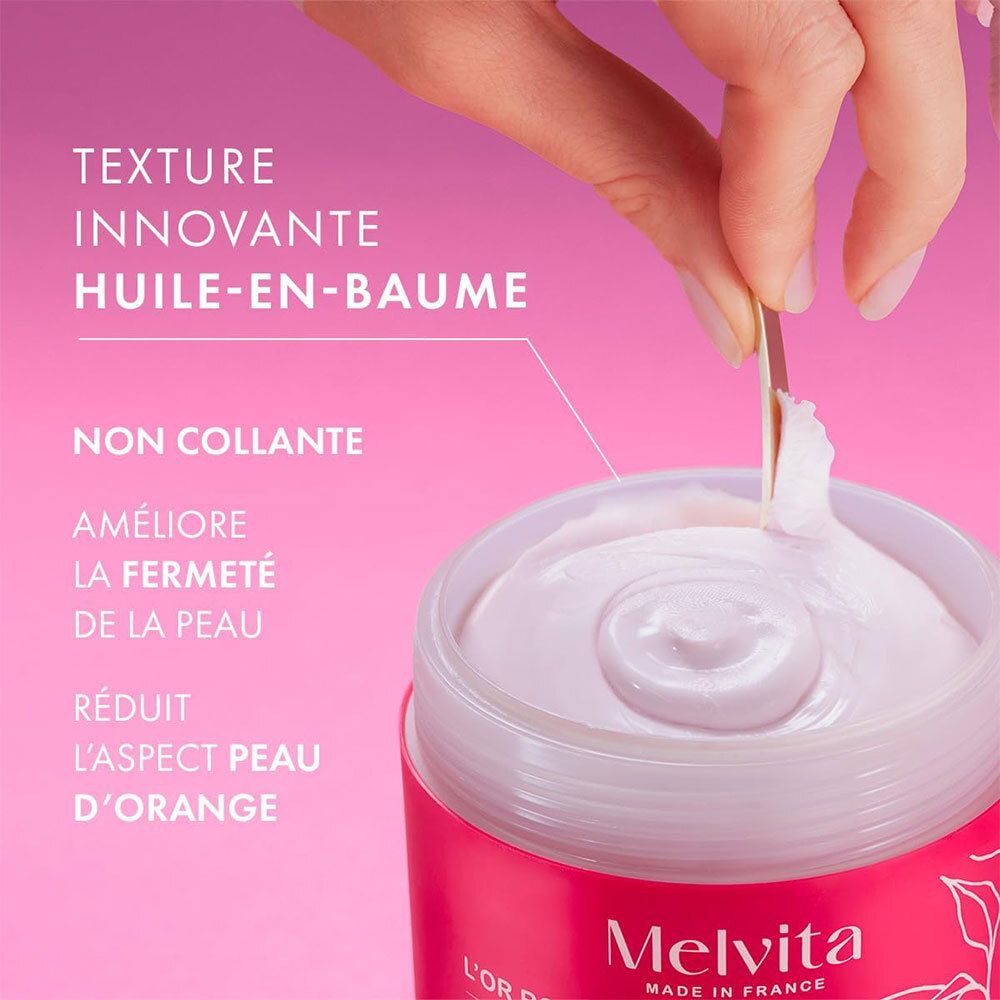 Close-up van de innovatieve olie-in-balsem textuur van Melvita L'Or Rose.