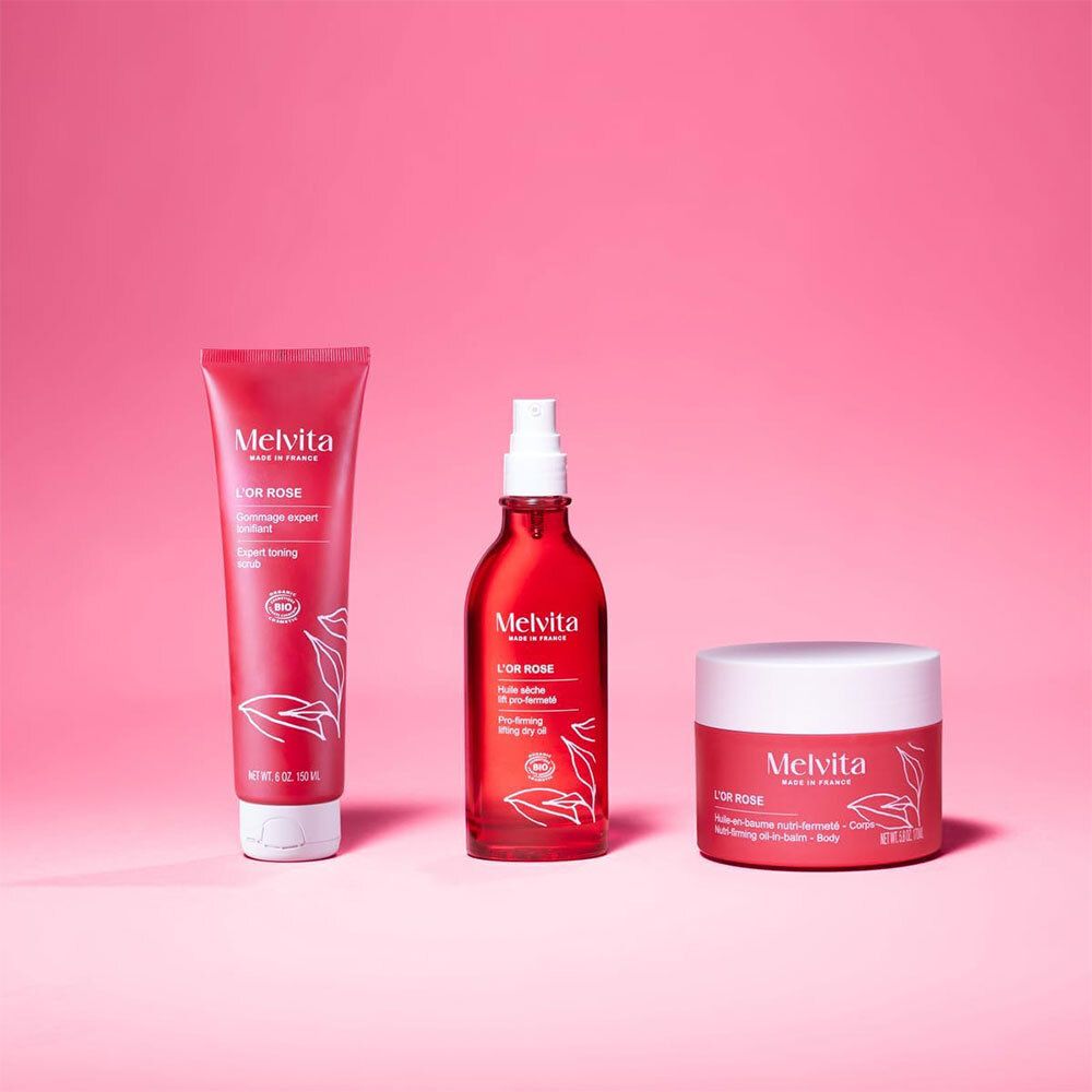 Melvita L'Or Rose lichaamsverzorgingsproducten: tube, sprayfles en pot.