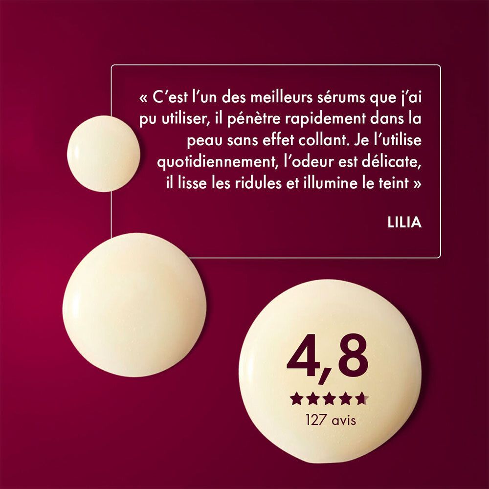Close-up van druppels en tekst. Tekst: 4,8 sterren, 127 avis. Citaat: Lilia. Snel absorberend serum.