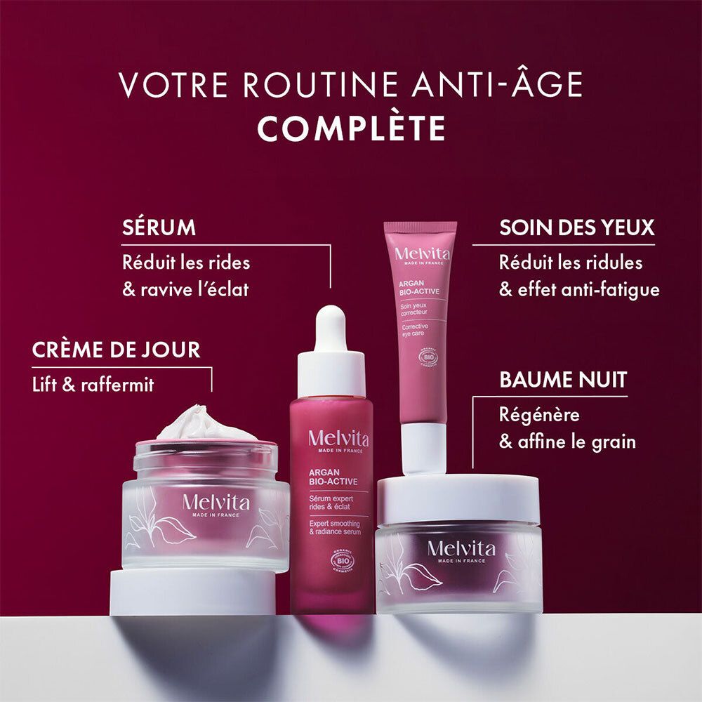 Verschillende producten: serum, oogverzorging, dagcrème, nachtbalsem. Tekst: Uw anti-aging routine.