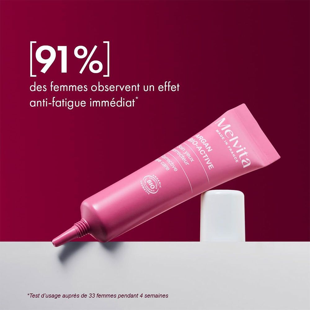 Roze tube met witte dop. Tekst: 91% van de vrouwen ervaren een onmiddellijk anti-vermoeidheidseffect. Melvita Argan Bio-Active. Bio.