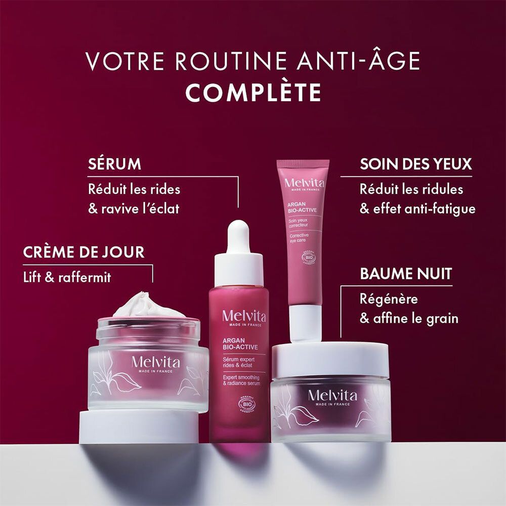 Verschillende Melvita-producten. Tekst: Votre routine anti-âge complète. Producten: Sérum, Crème de jour, Soin des yeux, Baume nuit.