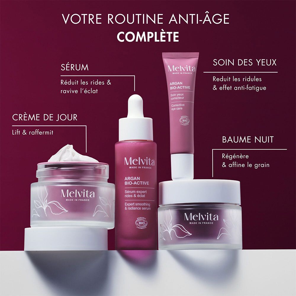 Différents produits Melvita. Crème, sérum, soin des yeux, baume. Texte : Votre routine anti-âge complète.