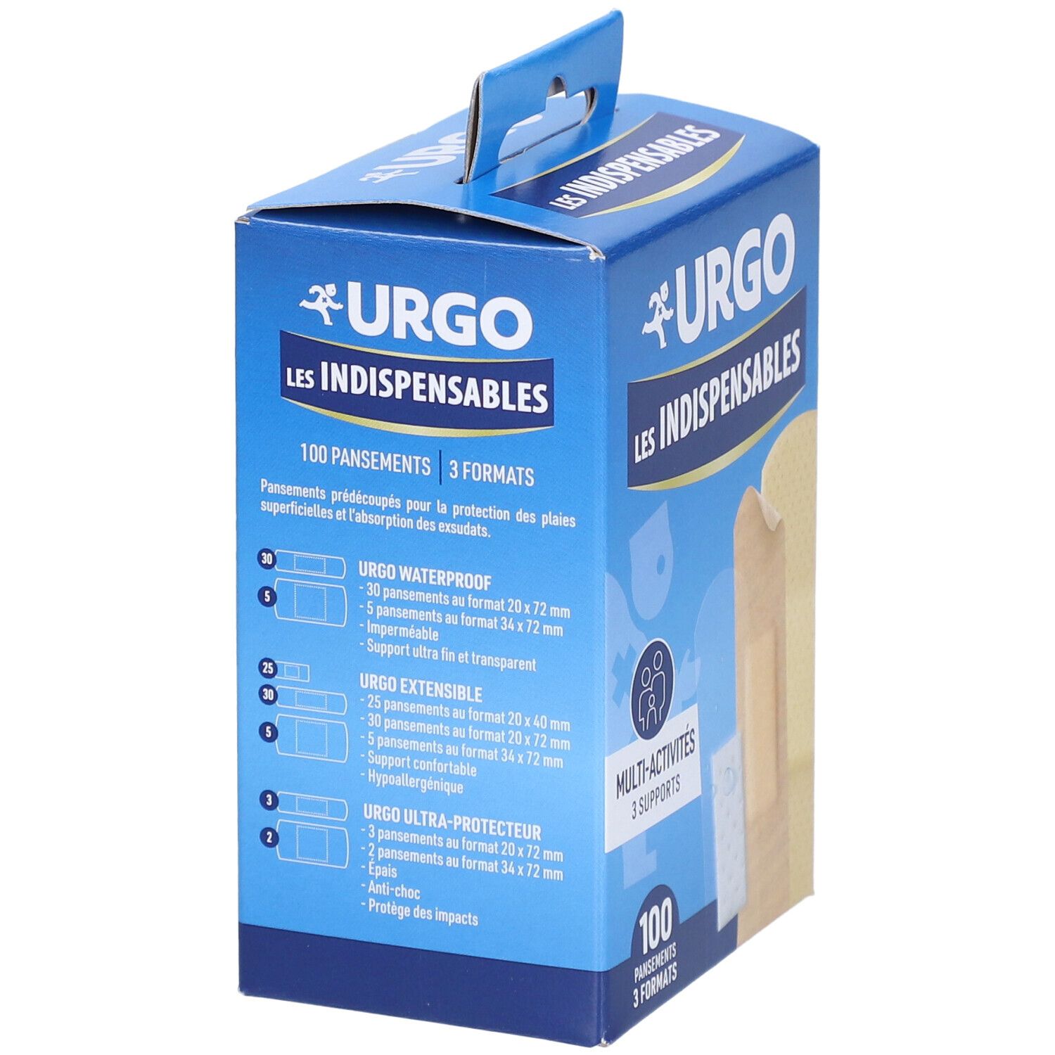 Achterkant van de Urgo pleisterdoos. Tekst: Les Indispensables, 100 pleisters, 3 formaten. Bevat informatie over formaten en ingrediënten.