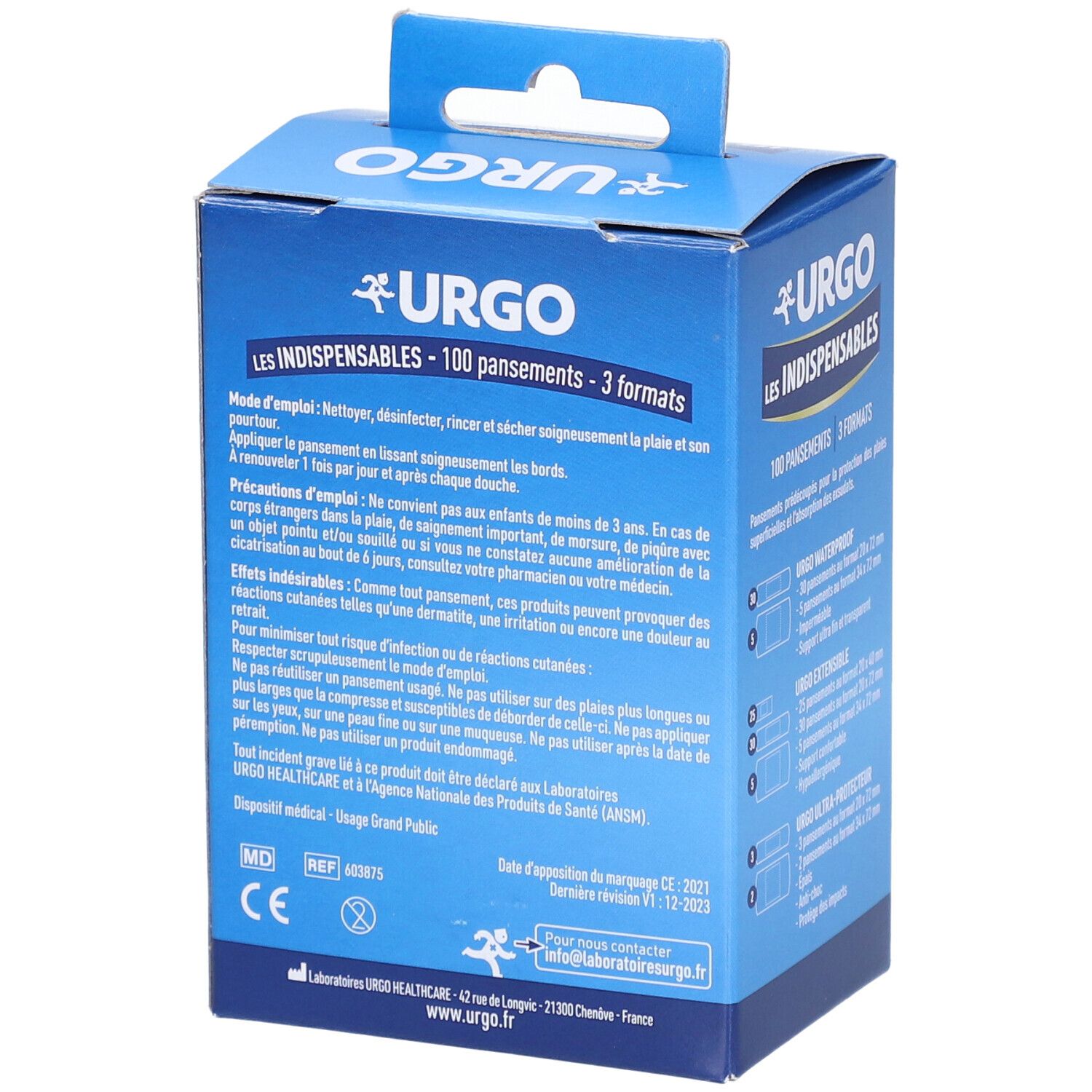 Achterkant van de Urgo pleisterdoos. Tekst: Les Indispensables, 100 pleisters, 3 formaten. Bevat gebruiksaanwijzingen en waarschuwingen.