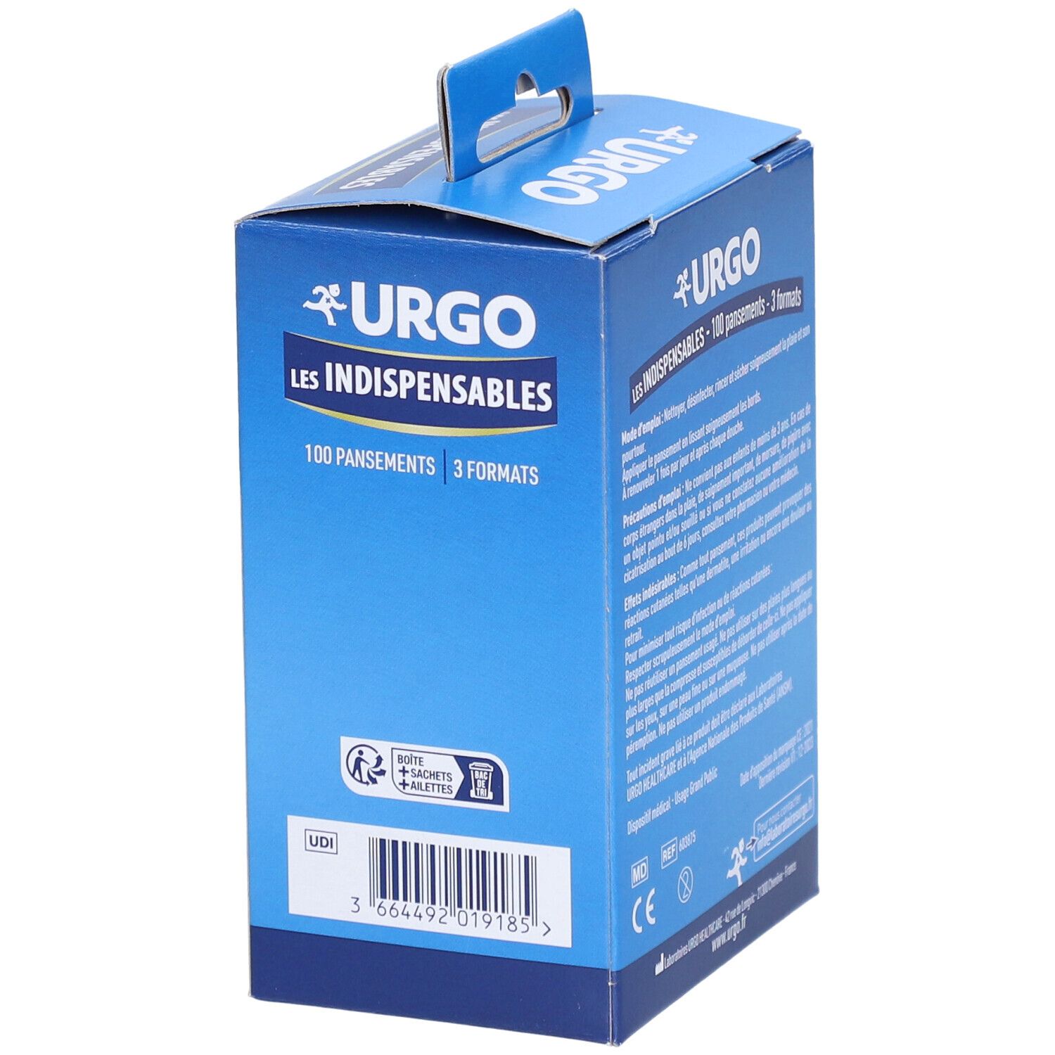 Achterkant van de Urgo pleisterdoos. Tekst: Les Indispensables, 100 pleisters, 3 formaten. Bevat informatie over afvalverwerking en barcode.
