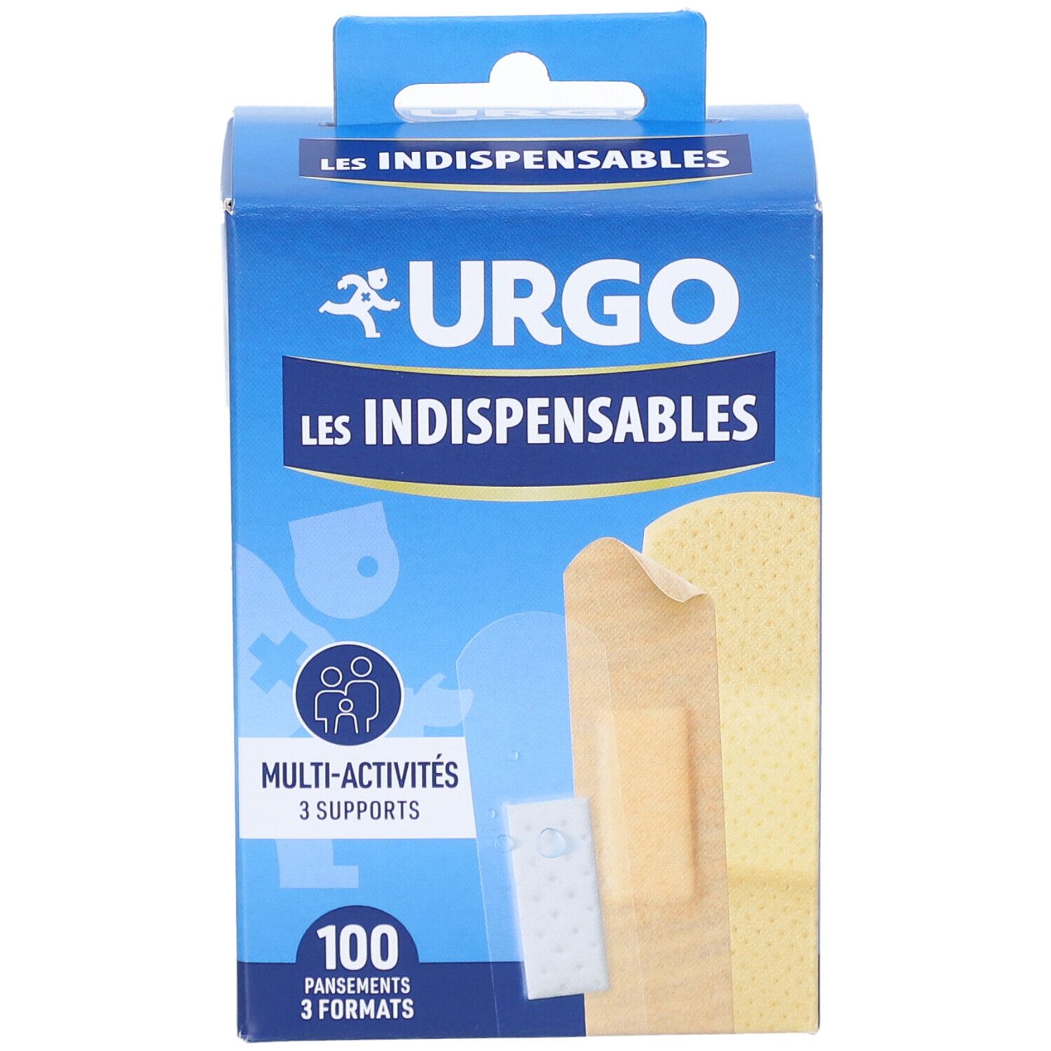 Blauwe en witte doos met Urgo pleisters. Opschriften: Les Indispensables, Multi-Activités, 100 pleisters, 3 formaten. Productweergave.