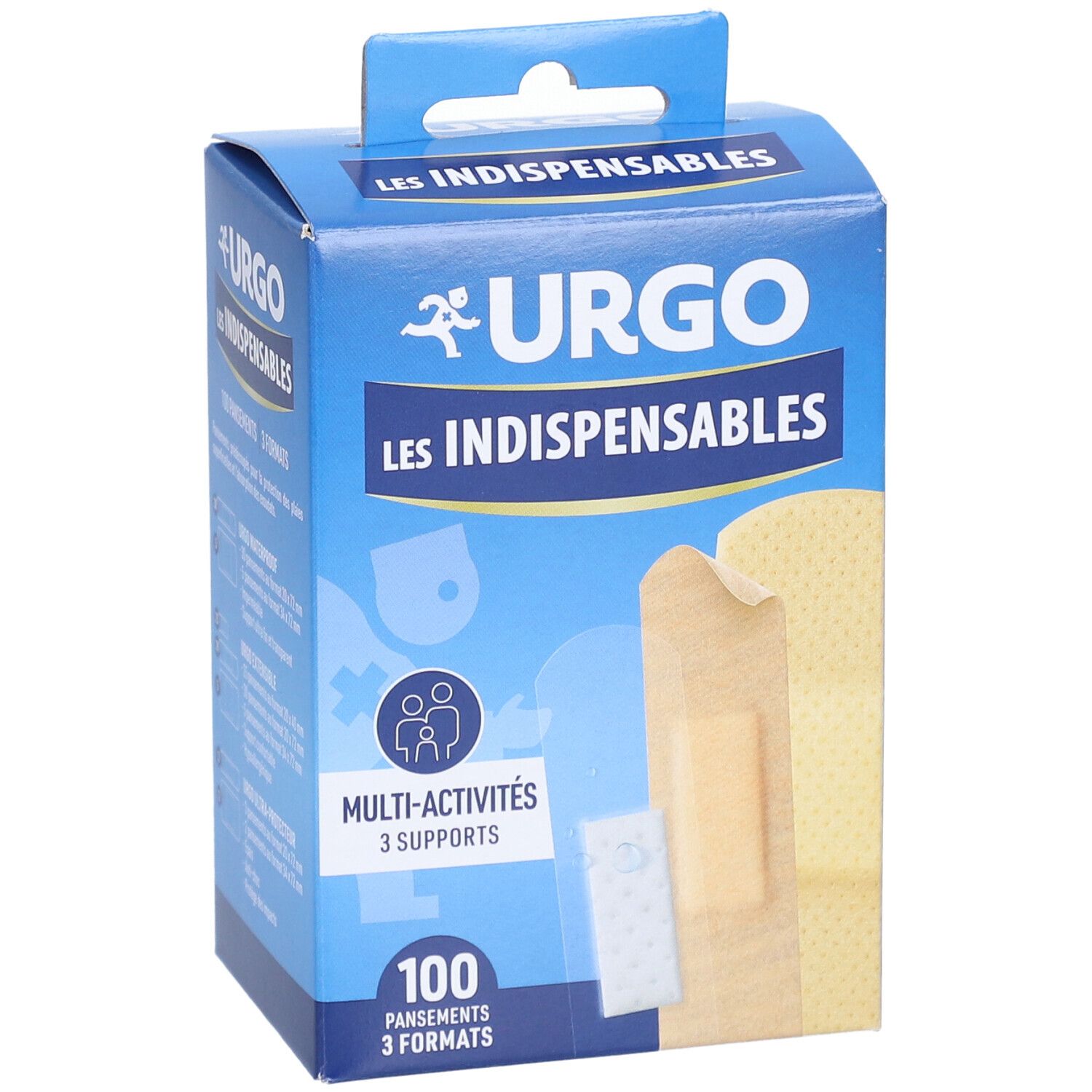 Blauwe en witte doos met Urgo pleisters. Opschriften: Les Indispensables, Multi-Activités, 100 pleisters, 3 formaten. Productweergave.