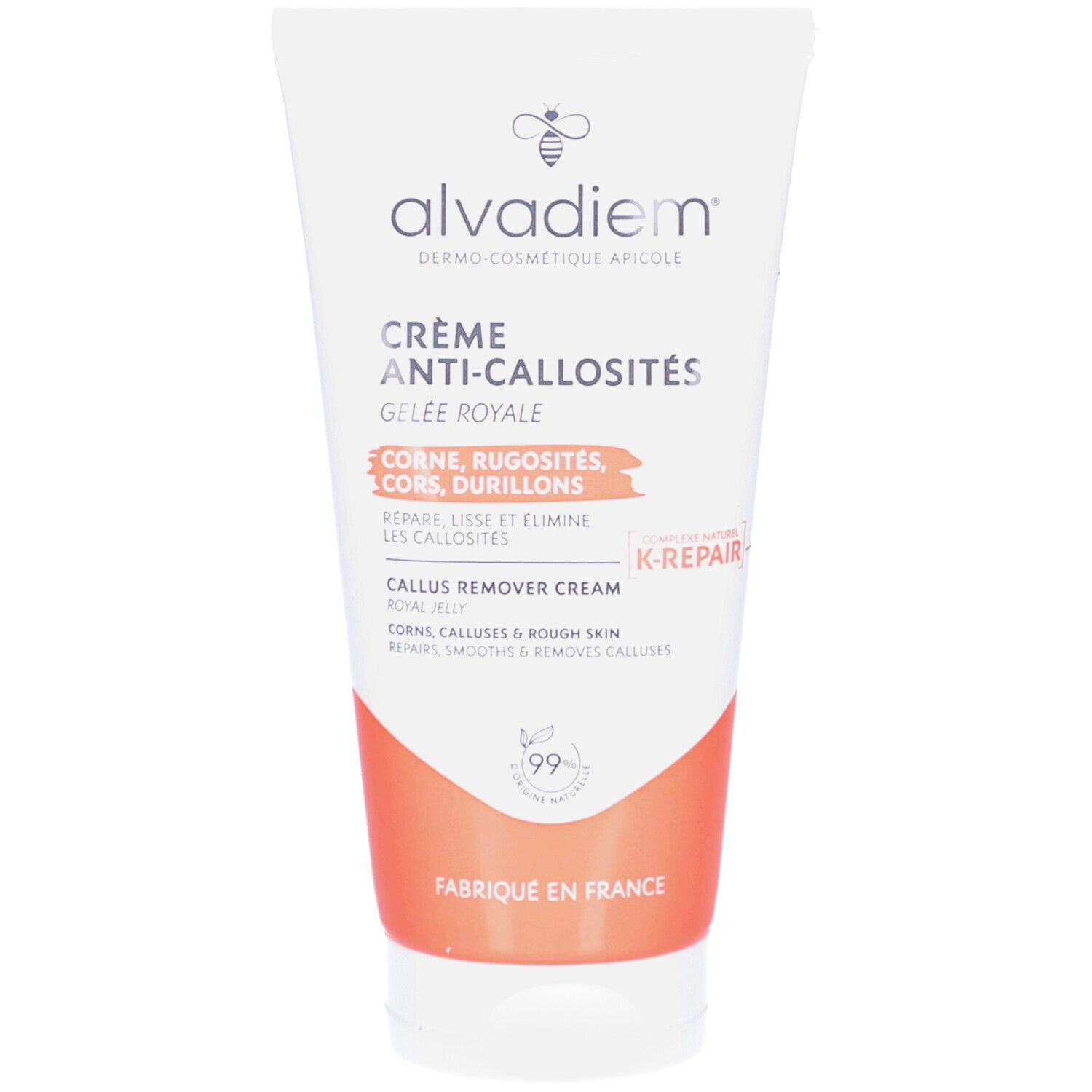 Witte tube ALVADIEM Crème Anti-Callosités. Oranje accenten. Tekst: Gelée Royale, K-REPAIR, 99%. Gemaakt in Frankrijk.