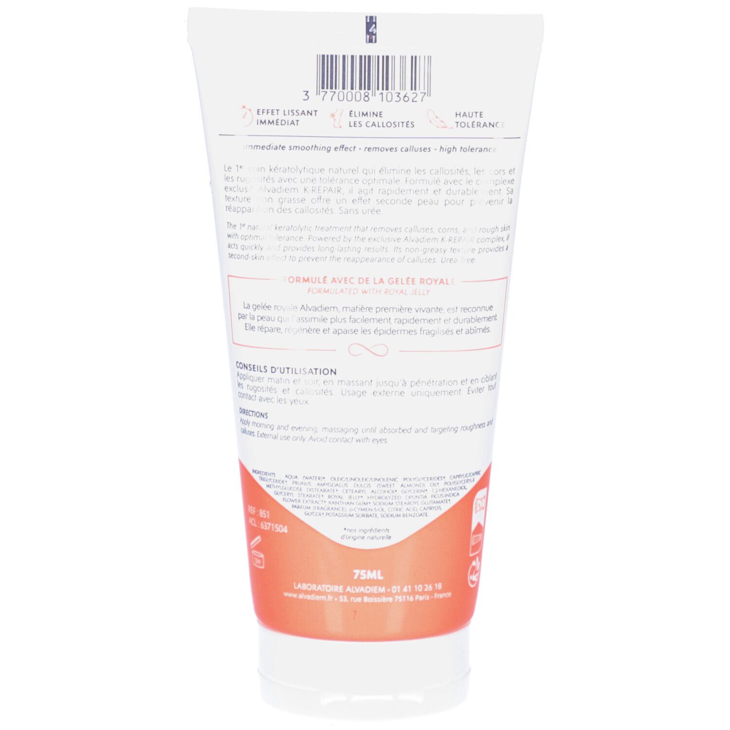 Achterkant van de tube. Tekst: Effet lissant immédiat, Elimine les callosités. Barcode. Teksten en logo's. 75ml.