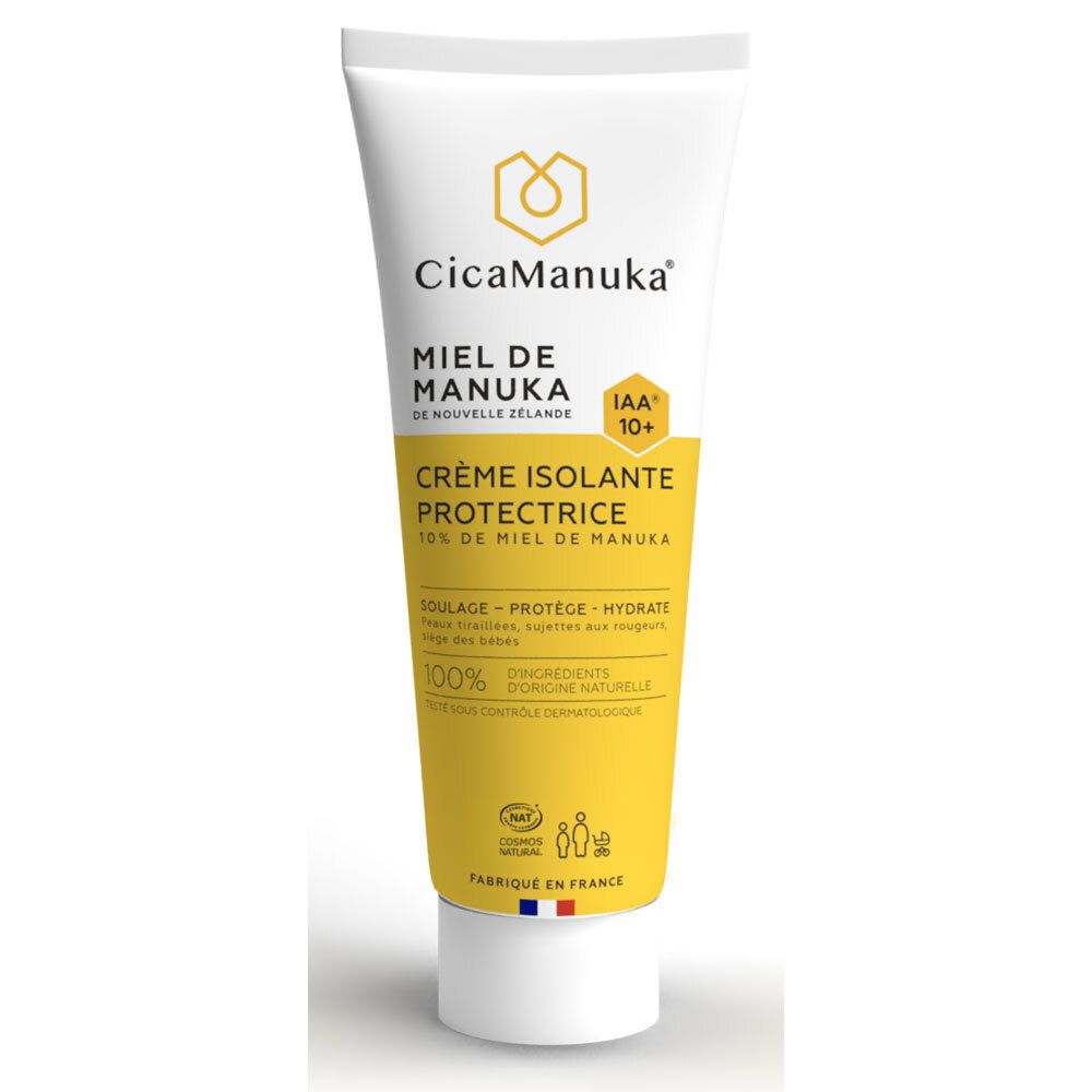 CicaManuka Crème Isolante IAA10+ tube. Witte tube met gele label. Tekst: Crème Isolante Protectrice, 10% Miel de Manuka.