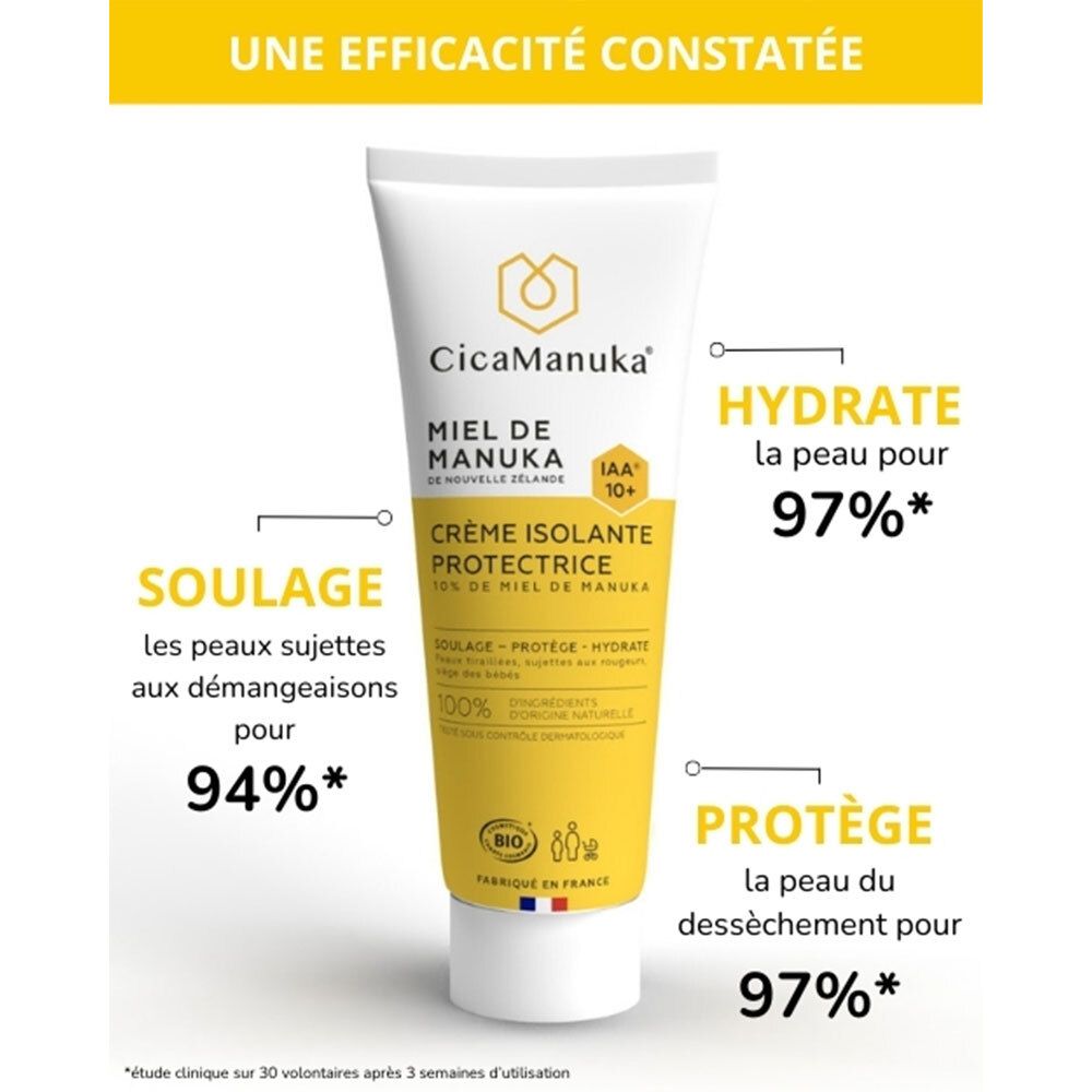 CicaManuka Crème Isolante IAA10+ tube. Tekst: SOULAGE, HYDRATE, PROTÈGE. Percentages. Bio-certificering. Gemaakt in Frankrijk.