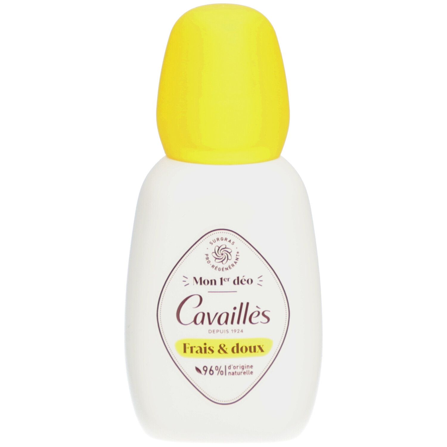 Witte deodorantfles met gele dop. Opschrift: Rogé Cavaillès, Mon 1er déo, Frais & doux. 96% natuurlijke ingrediënten.