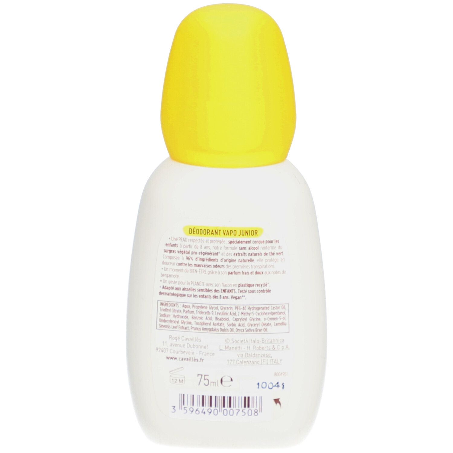 Achterkant van de deodorantfles. Tekst: Déodorant vapo junior. Ingrediëntenlijst, fabrikantinfo en barcode.