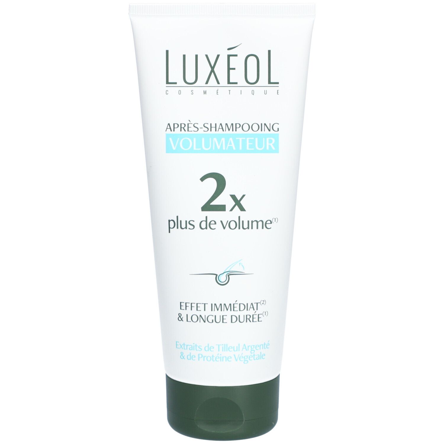 Witte en groene tube. Opschrift: LUXÉOL, Après-Shampooing Volumateur, 2x plus de volume. Tekst en logo.