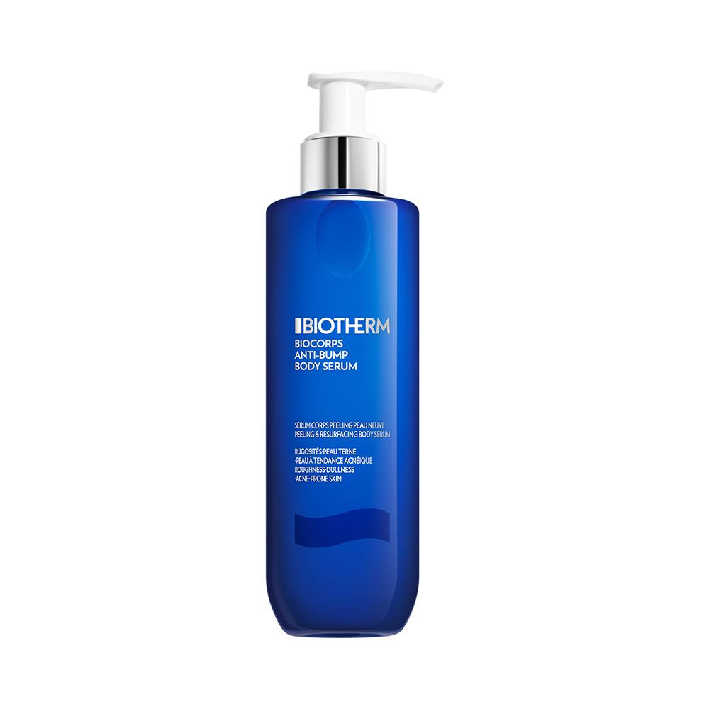 Blauwe fles met pompdosering, Biotherm Biocorp Anti-Cellulite Body Serum.