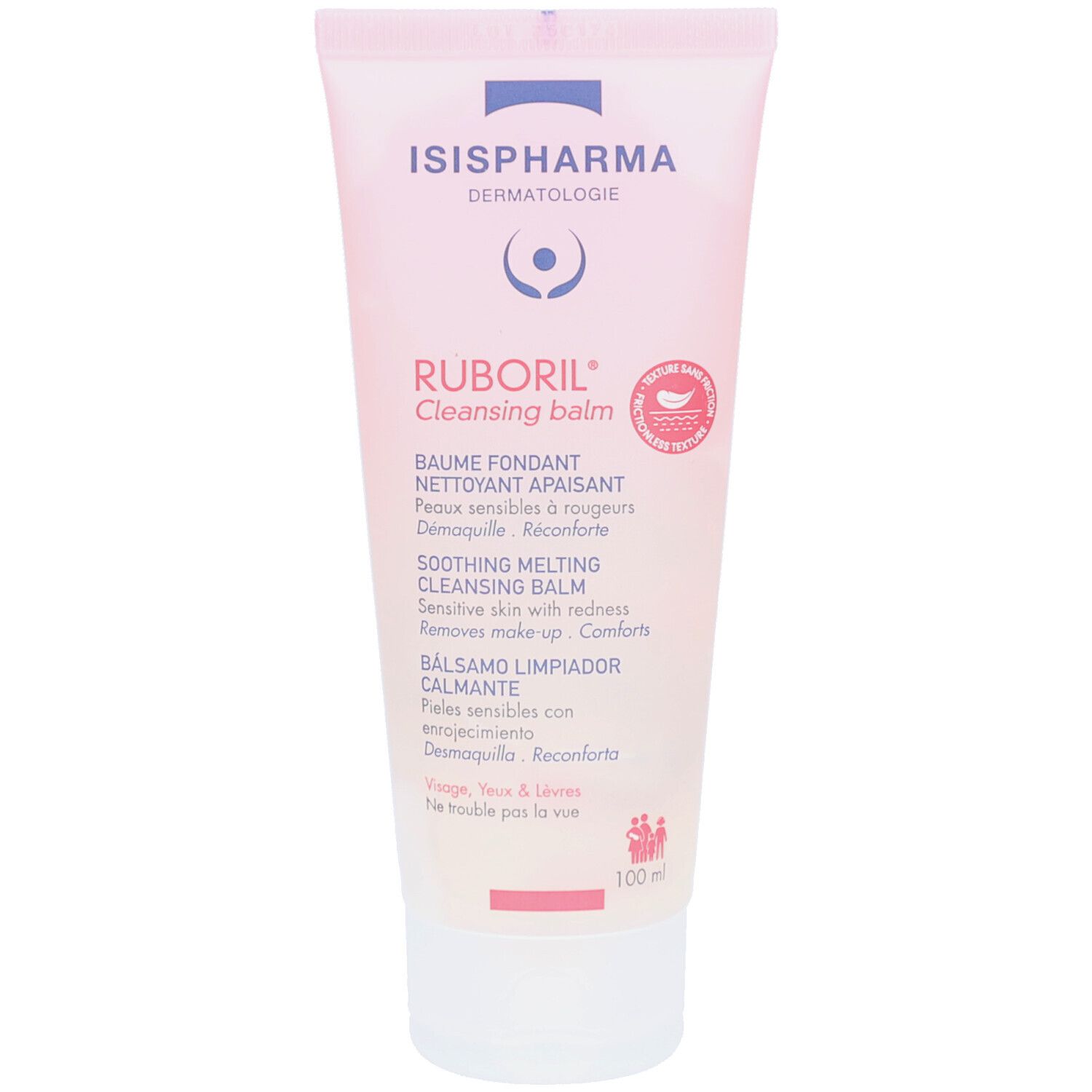 Tube rose avec bouchon blanc. Inscriptions: ISISPHARMA, RUBORIL Cleansing balm. Contient 100 ml.
