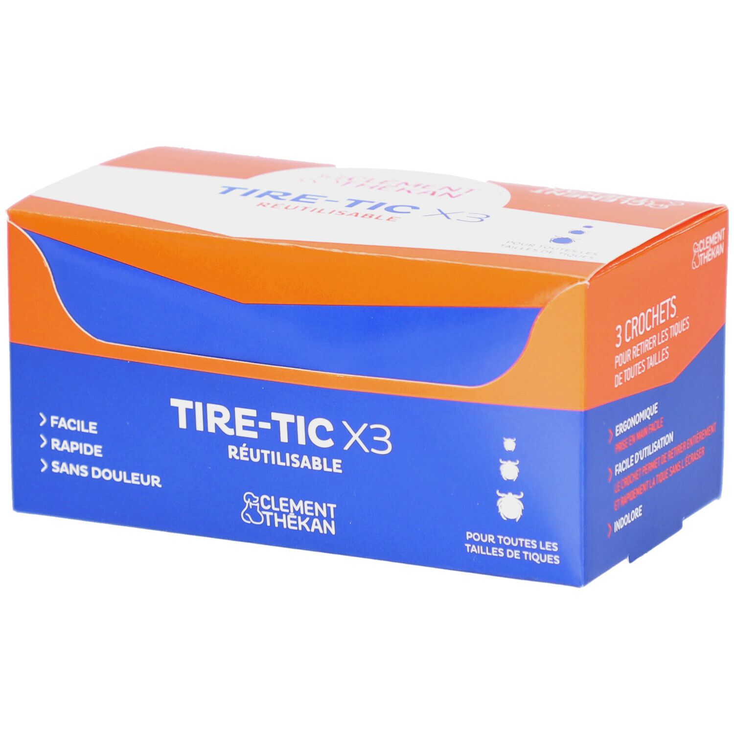 Boîte Tire-Tic X3, bleue, orange et blanche. Nom du produit et logo visibles. Contient 3 crochets.