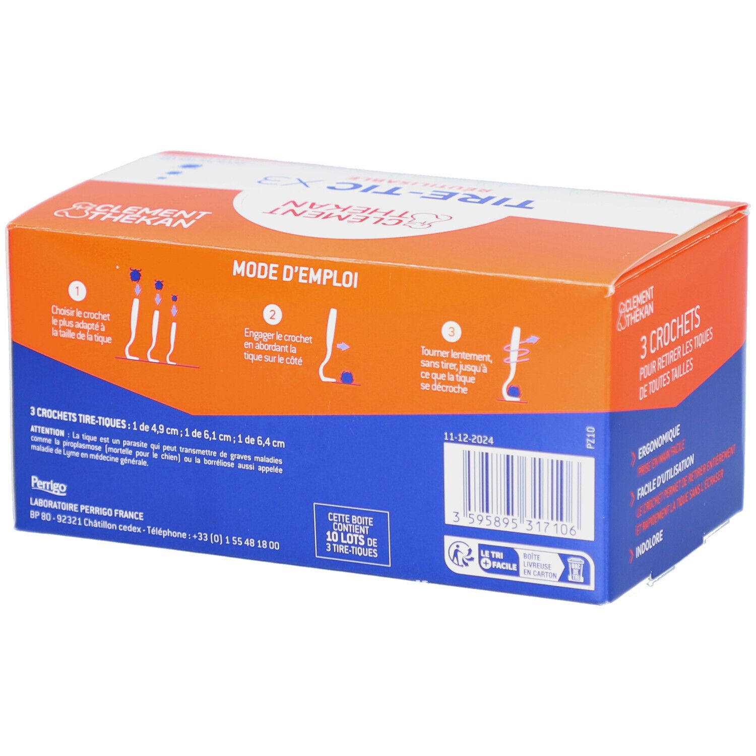 Dos de la boîte Tire-Tic X3. Boîte bleue et orange avec instructions et logo.