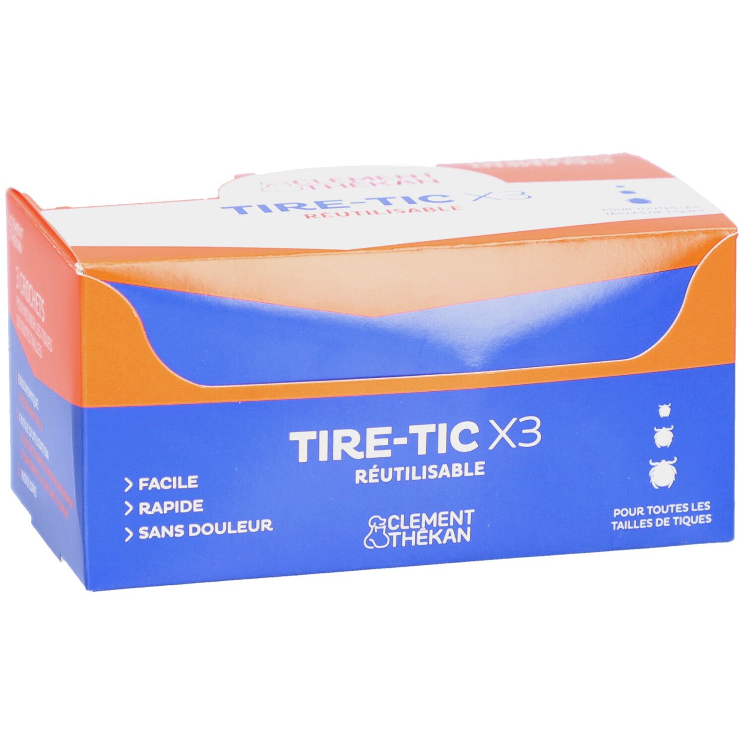 Boîte Tire-Tic X3, bleue et orange. Nom du produit et logo visibles. Contient 3 crochets.