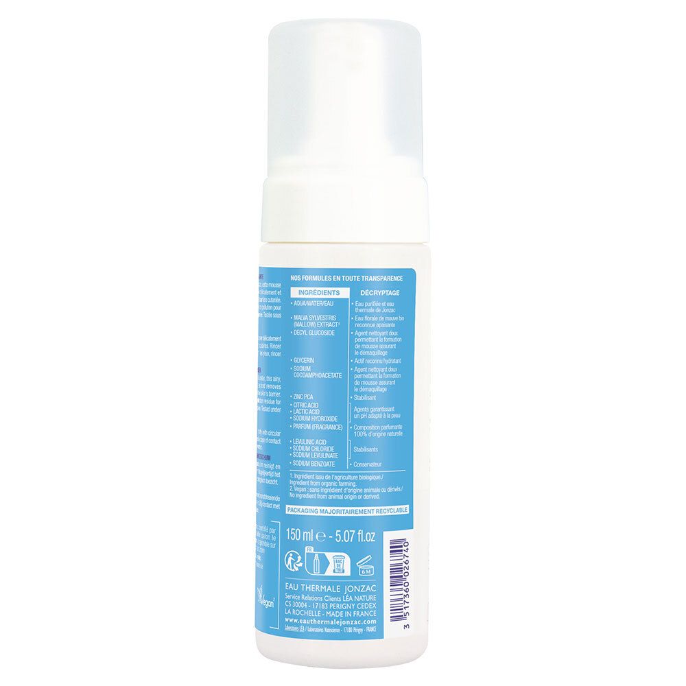 Achterkant van de fles. Tekst met ingrediënten en informatie. 150 ml. Logo: Eau Thermale Jonzac. Gemaakt in Frankrijk.