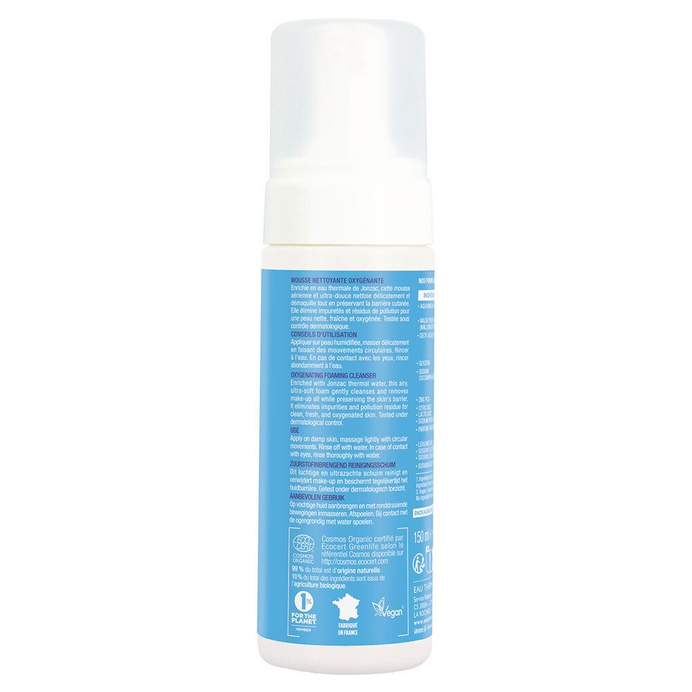 Achterkant van de fles. Tekst met ingrediënten en informatie. Logo's: Ecocert, Vegan. 150 ml. Gemaakt in Frankrijk.